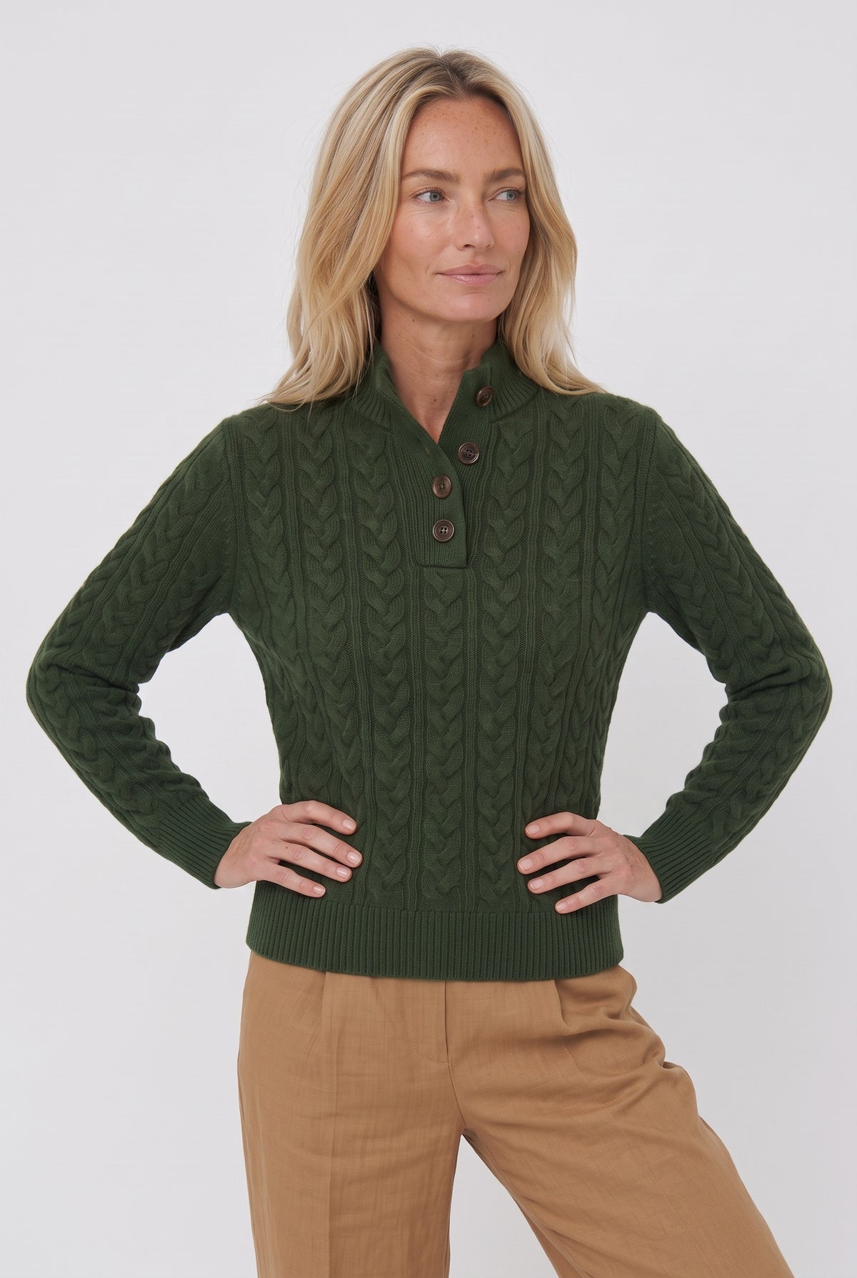 Women's Knitted Jumper | Button Stand Collar - Olive