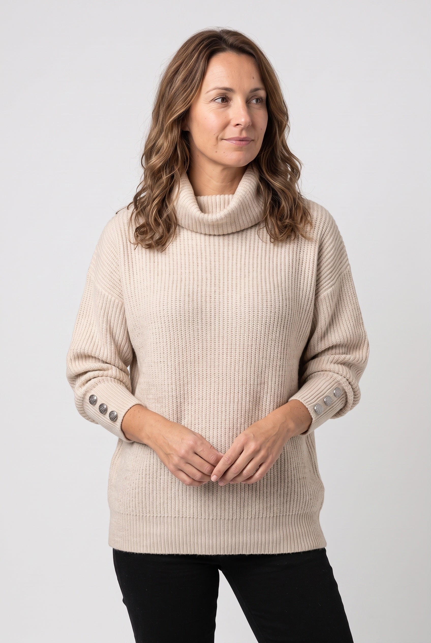 Women's Knitted Jumper | Roll Neck Button Cuff - Beige