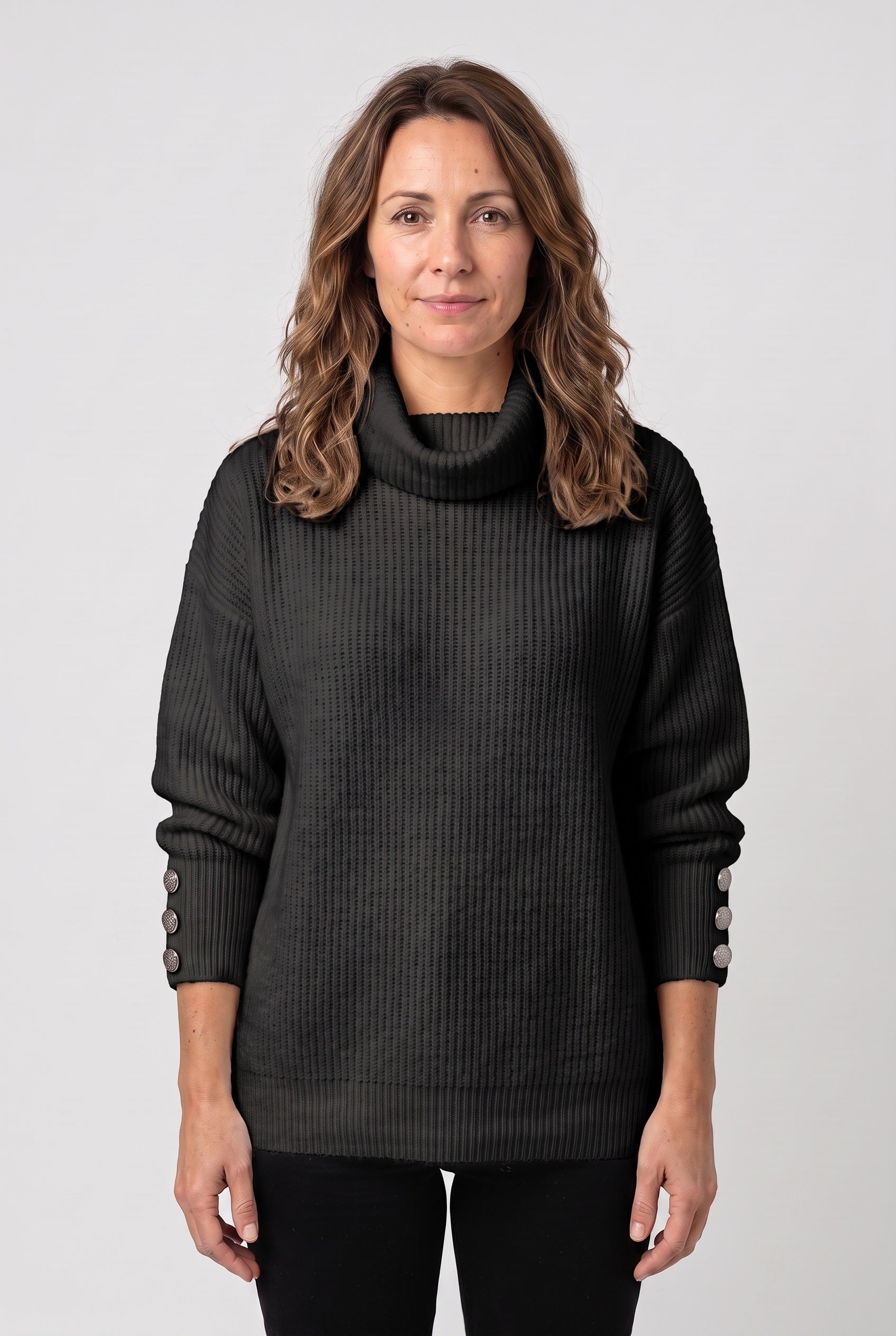 Women's Knitted Jumper | Roll Neck Button Cuff - Black