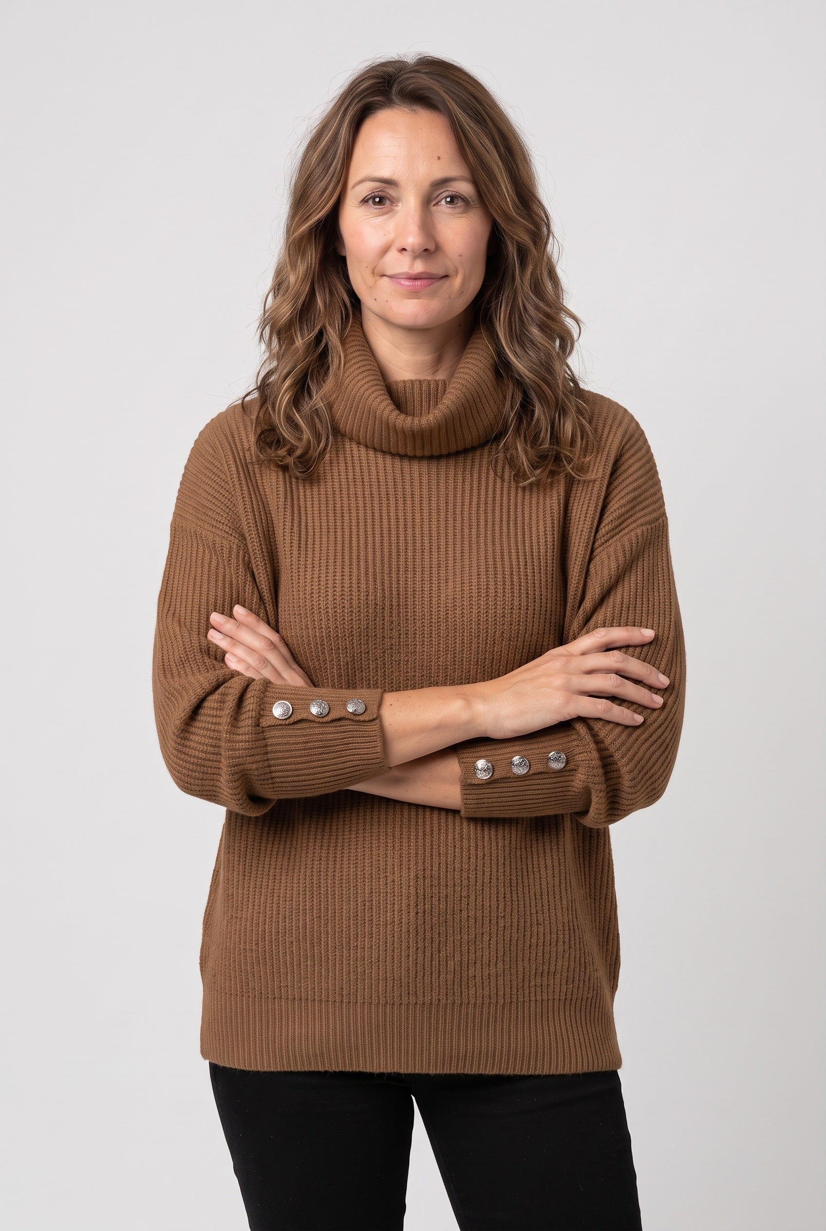 Women's Knitted Jumper | Roll Neck Button Cuff - Brown