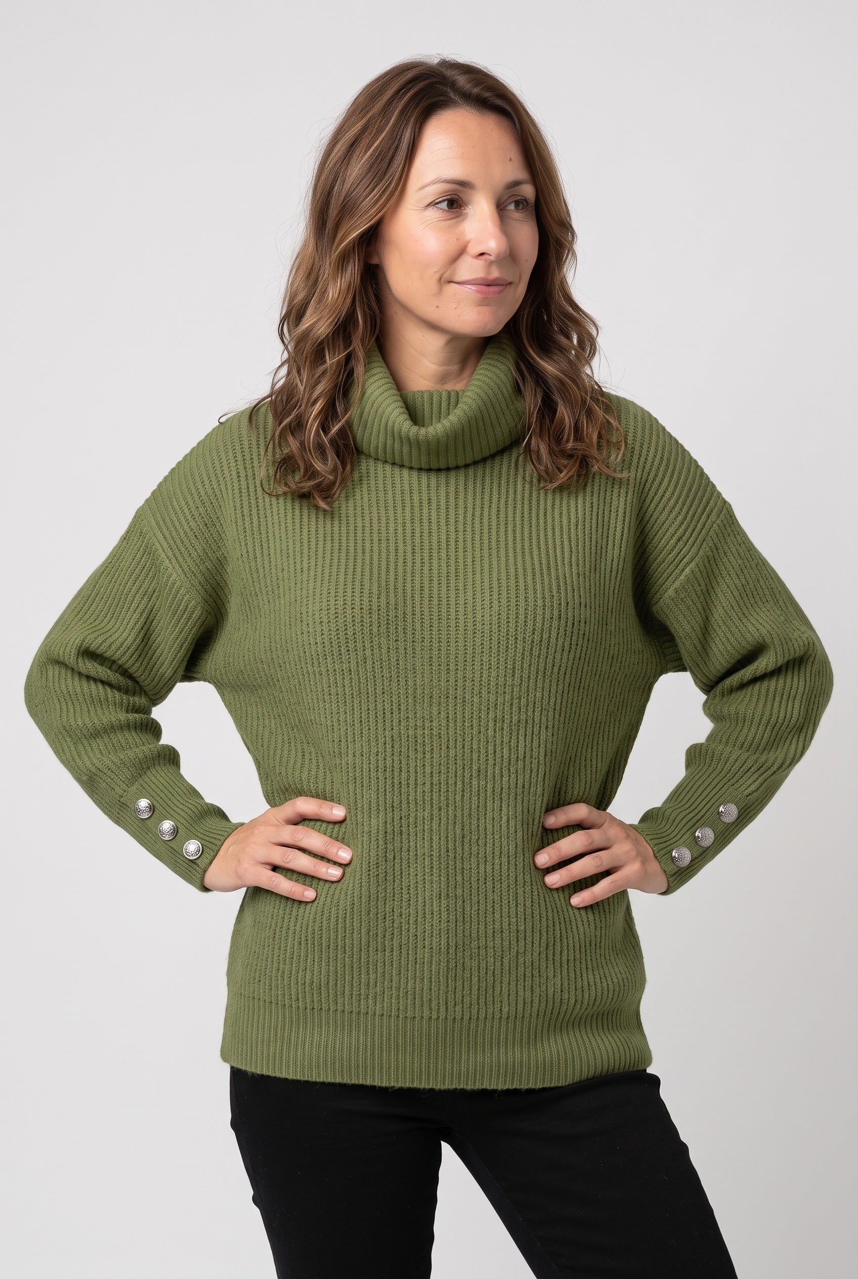 Women's Knitted Jumper | Roll Neck Button Cuff - Green