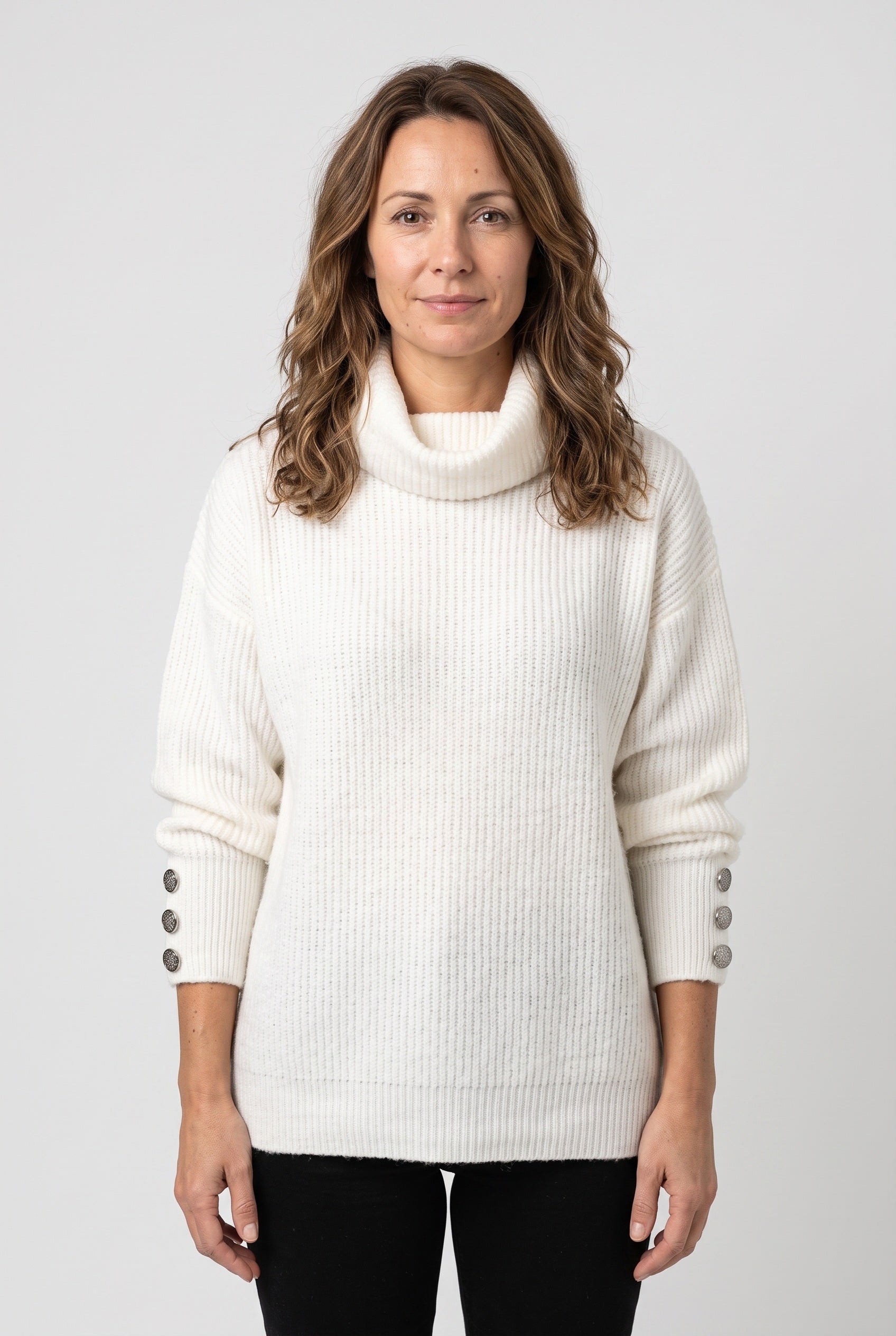 Women's Knitted Jumper | Roll Neck Button Cuff - White
