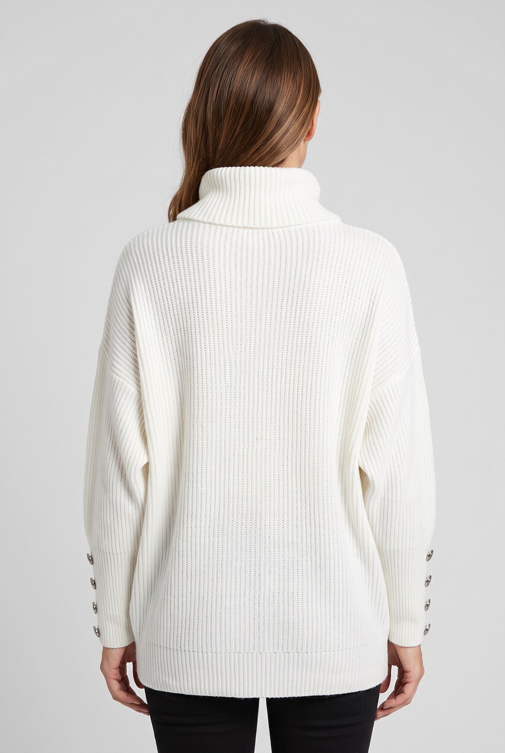Women's Knitted Jumper | Roll Neck Button Cuff - White back
