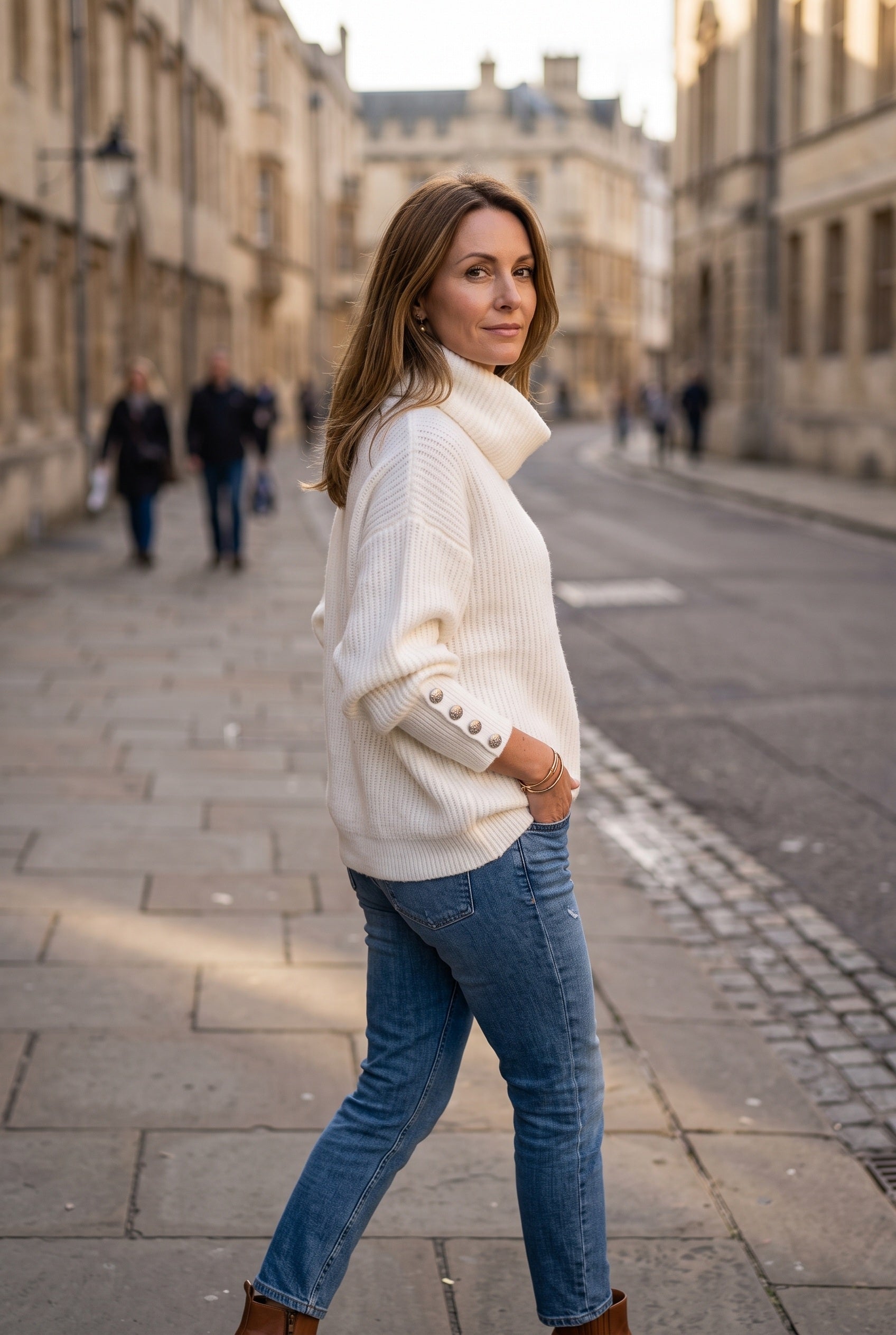 Women's Knitted Jumper | Roll Neck Button Cuff - White lifestyle