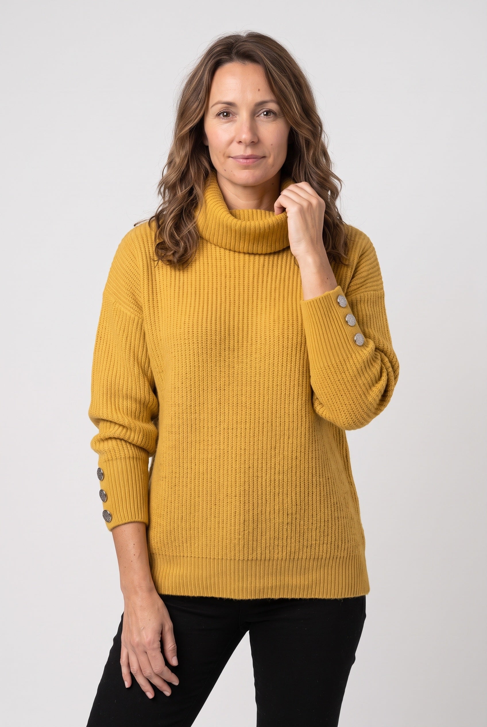 Women's Knitted Jumper | Roll Neck Button Cuff - Yellow