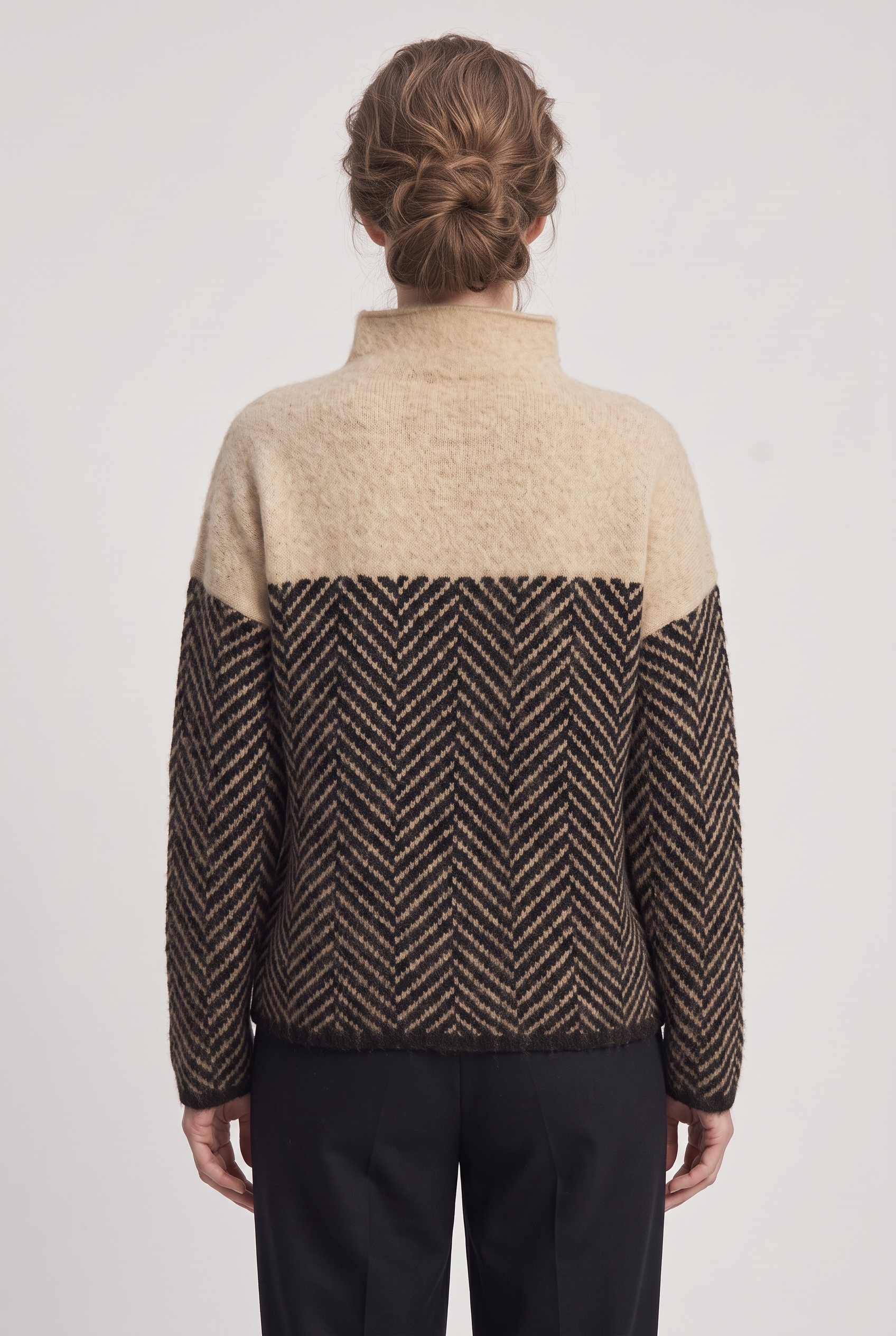 Women's Knitted Jumper | Roll Neck Herringbone Panel - 2