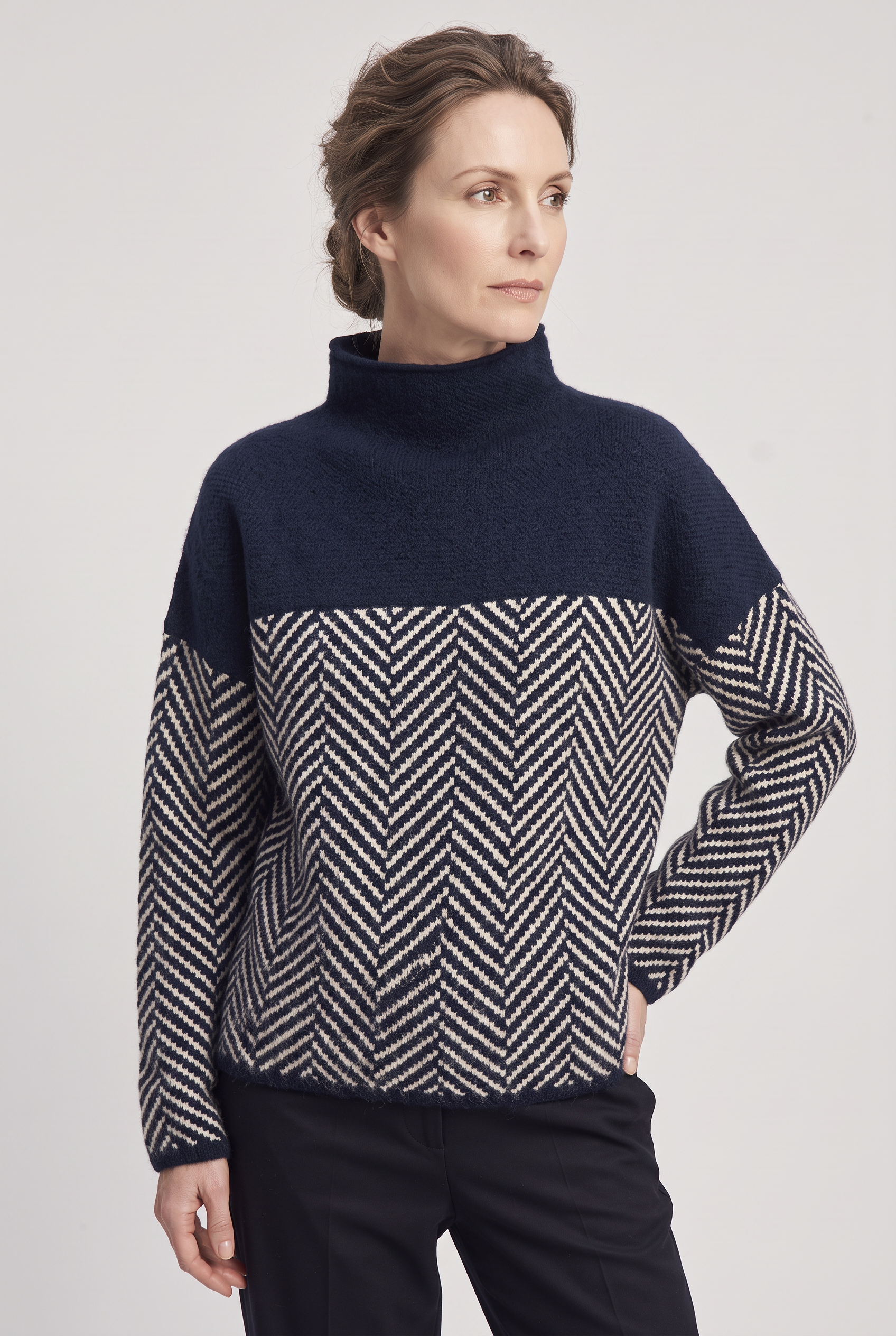 Women's Knitted Jumper | Roll Neck Herringbone Panel - 4