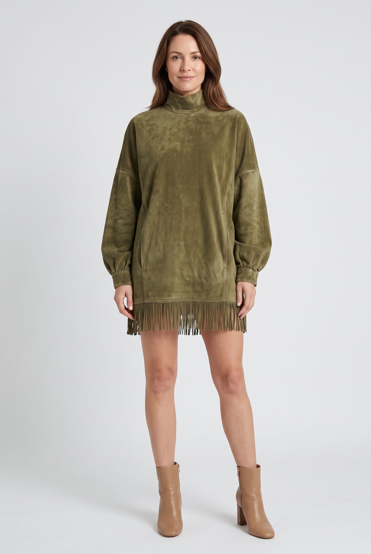Women's Long Sleeve Dress | Suede-Look Tassel Hem - 1