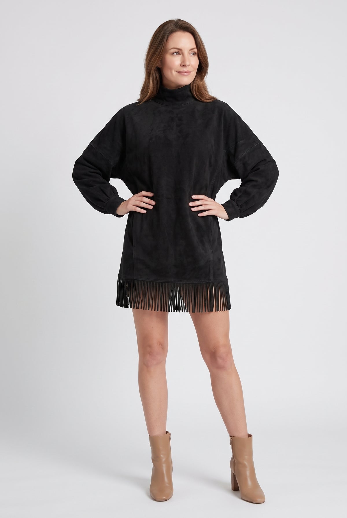 Women's Long Sleeve Dress | Suede-Look Tassel Hem - 5