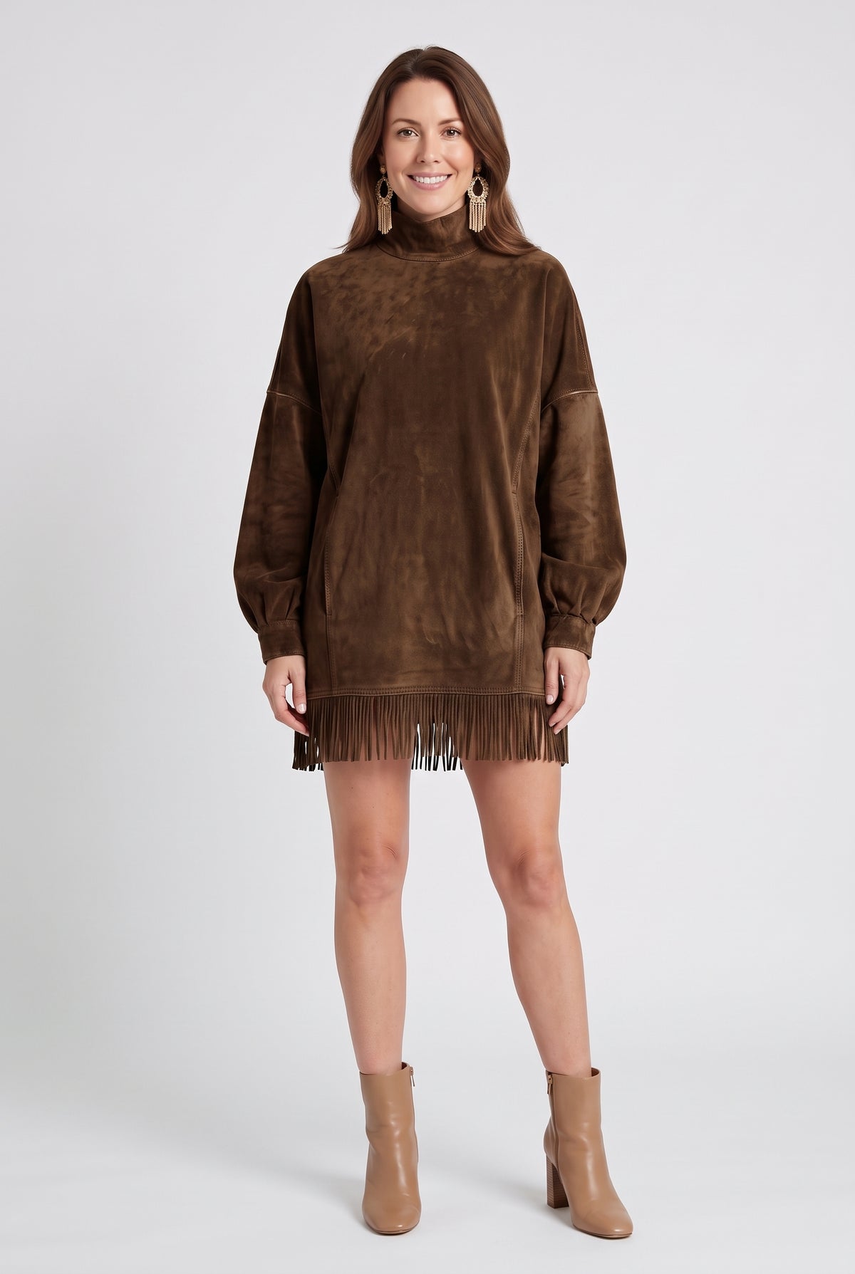 Women's Long Sleeve Dress | Suede-Look Tassel Hem - 6
