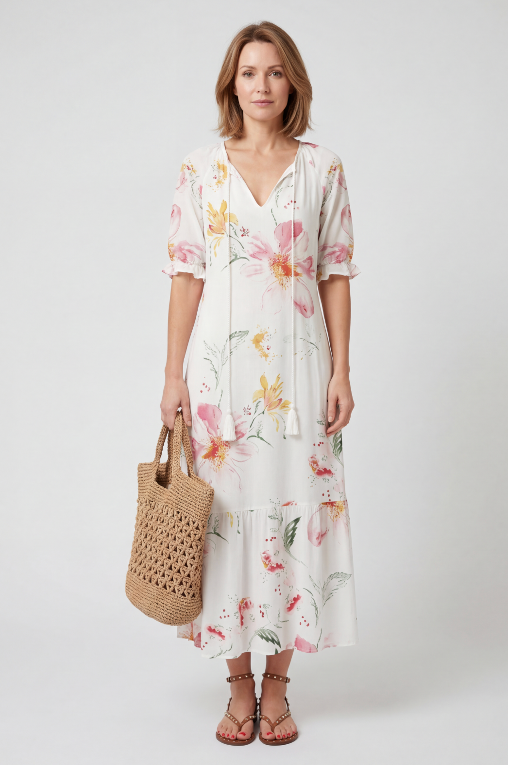 Women’s Maxi Dress | Boho Print with Tie-Neck Tassels - 1