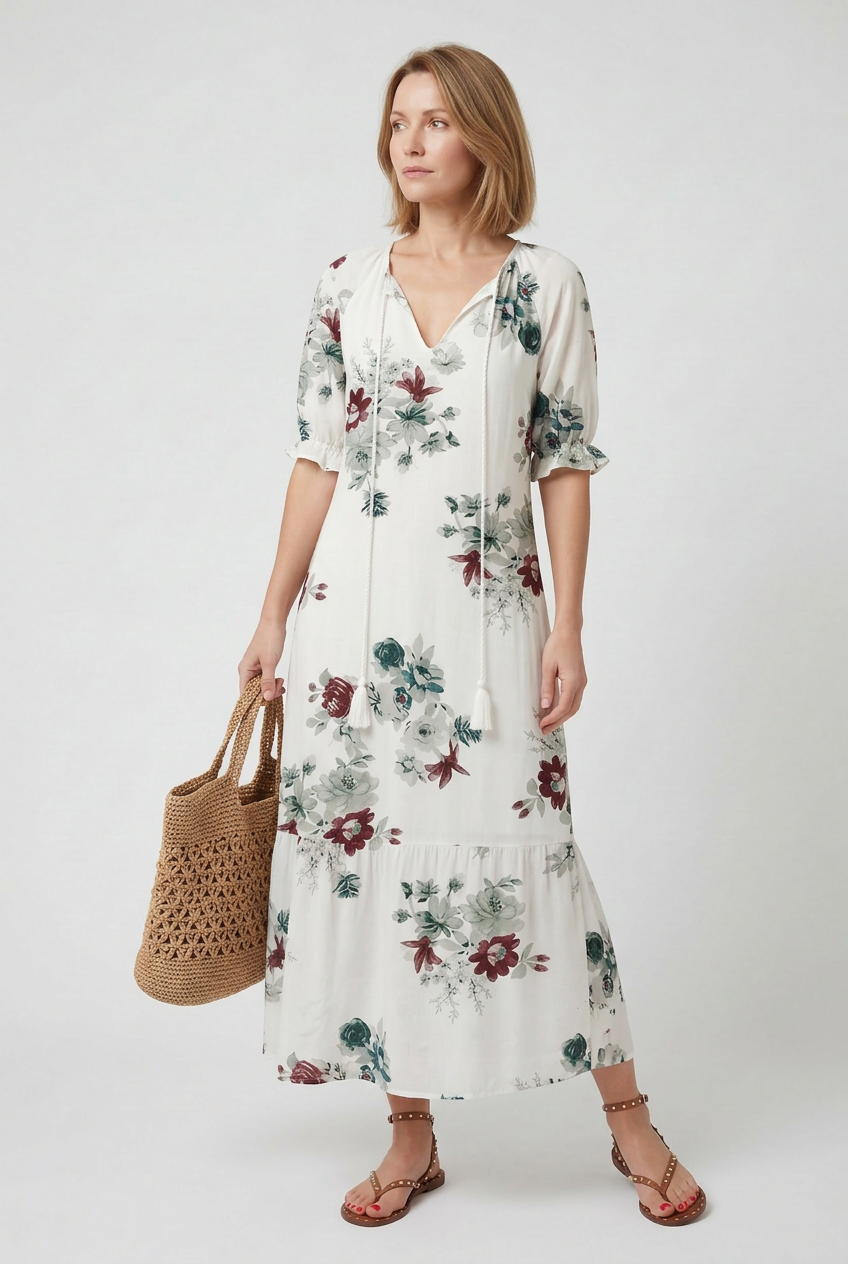 Women’s Maxi Dress | Boho Print with Tie-Neck Tassels - 10