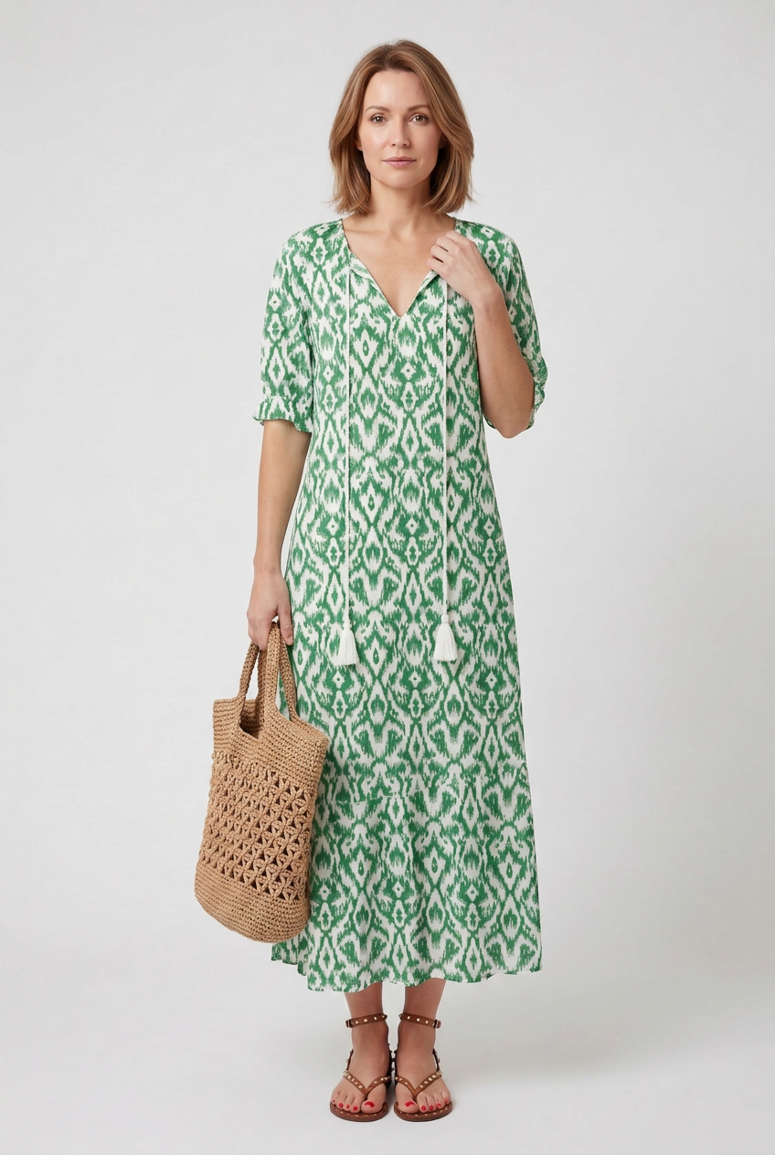 Women’s Maxi Dress | Boho Print with Tie-Neck Tassels - 5