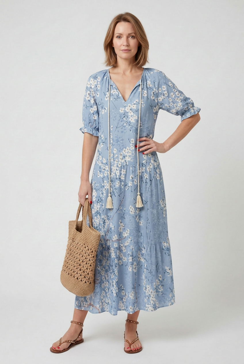 Women’s Maxi Dress | Boho Print with Tie-Neck Tassels - 6