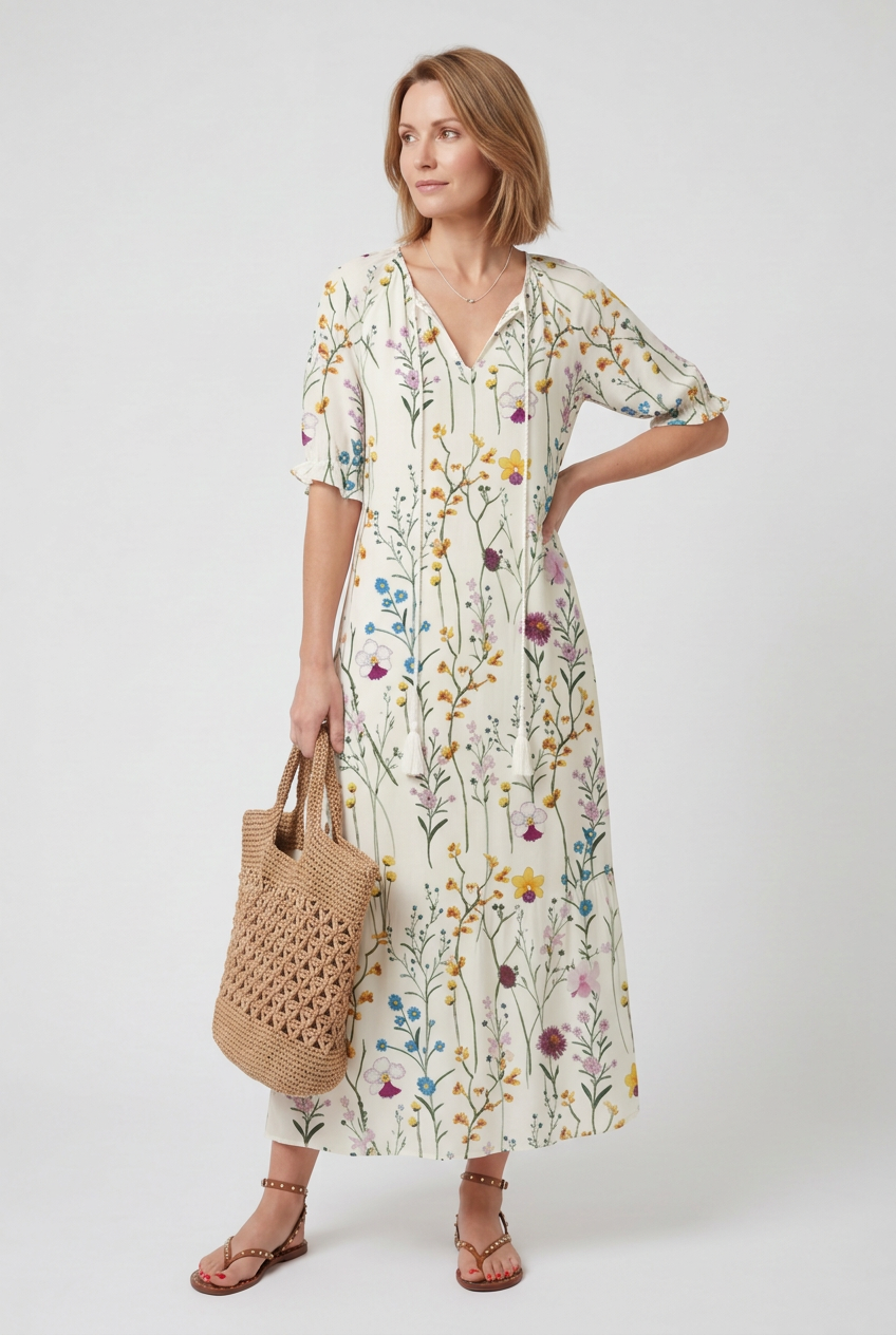 Women’s Maxi Dress | Boho Print with Tie-Neck Tassels - 8