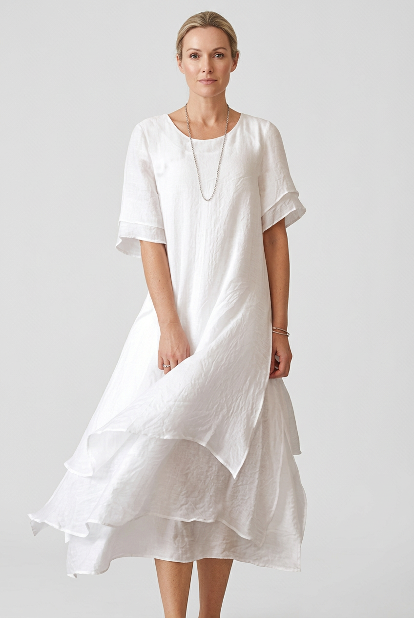 Women’s Midi Dress | Linen Look with Double-Layer Hem - 1
