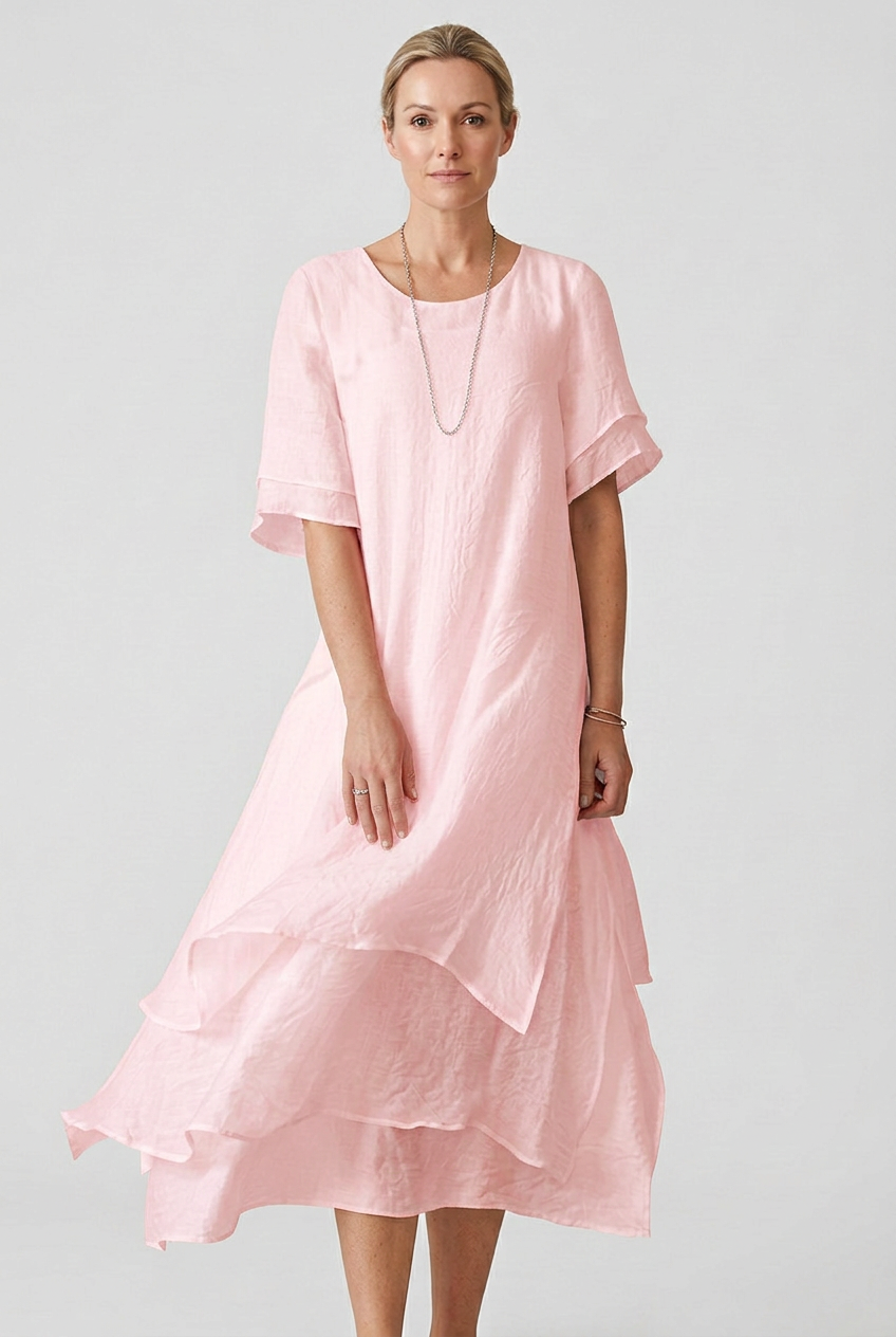 Women’s Midi Dress | Linen Look with Double-Layer Hem - 5