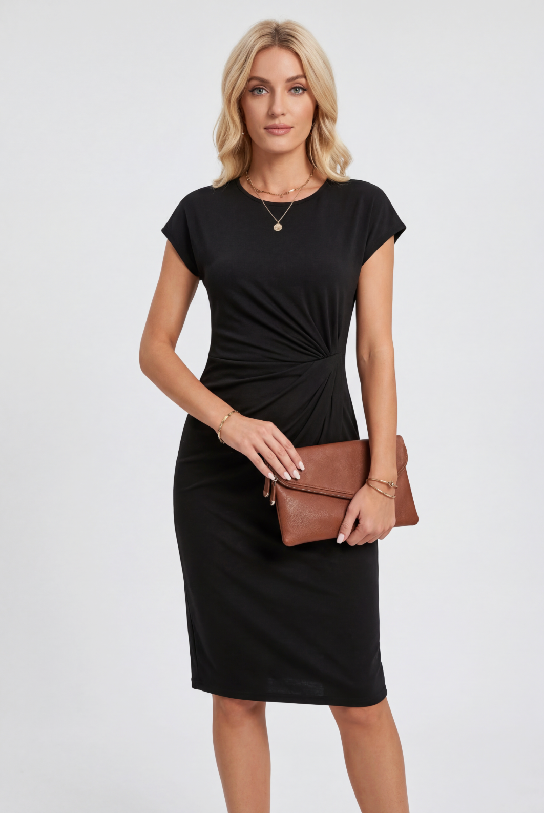 Women’s Midi Dress | Ruched Waist with Cap Sleeves - 1
