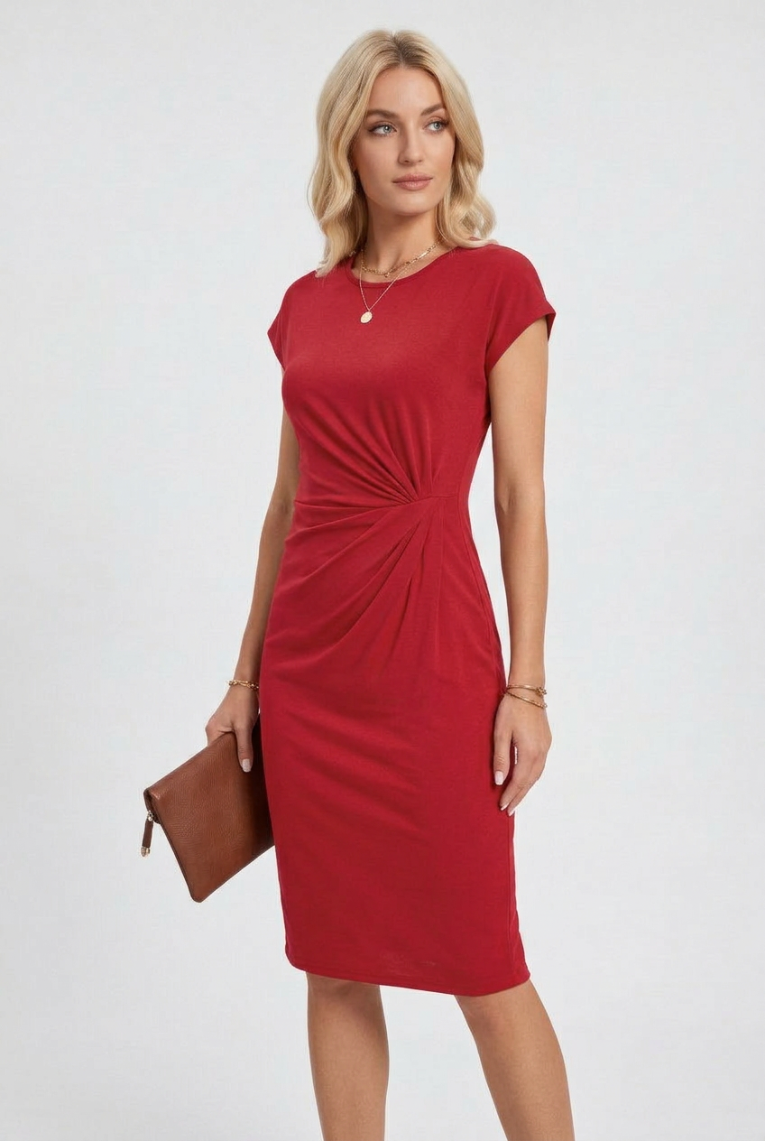 Women’s Midi Dress | Ruched Waist with Cap Sleeves - 4