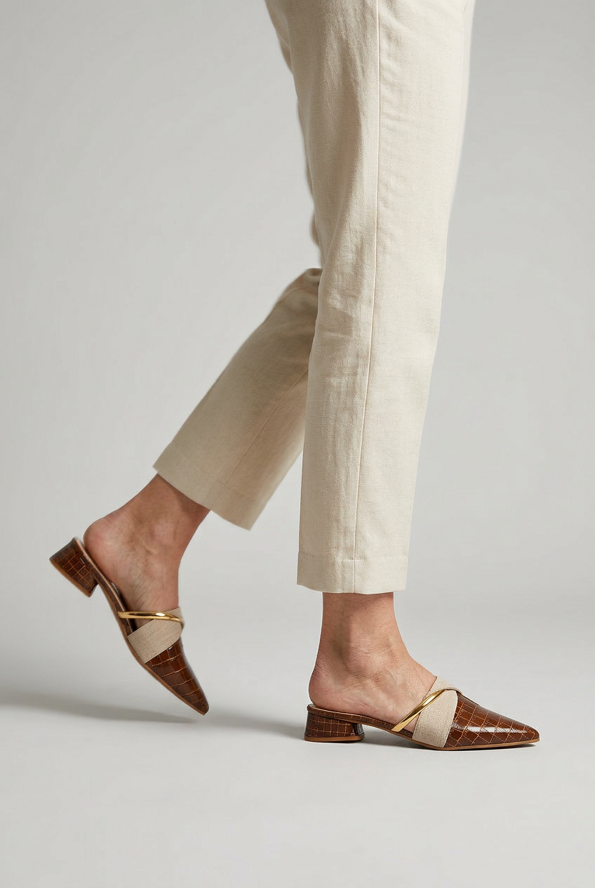 Women’s Mules | Croc-Embossed Look with Gold Bar - 2