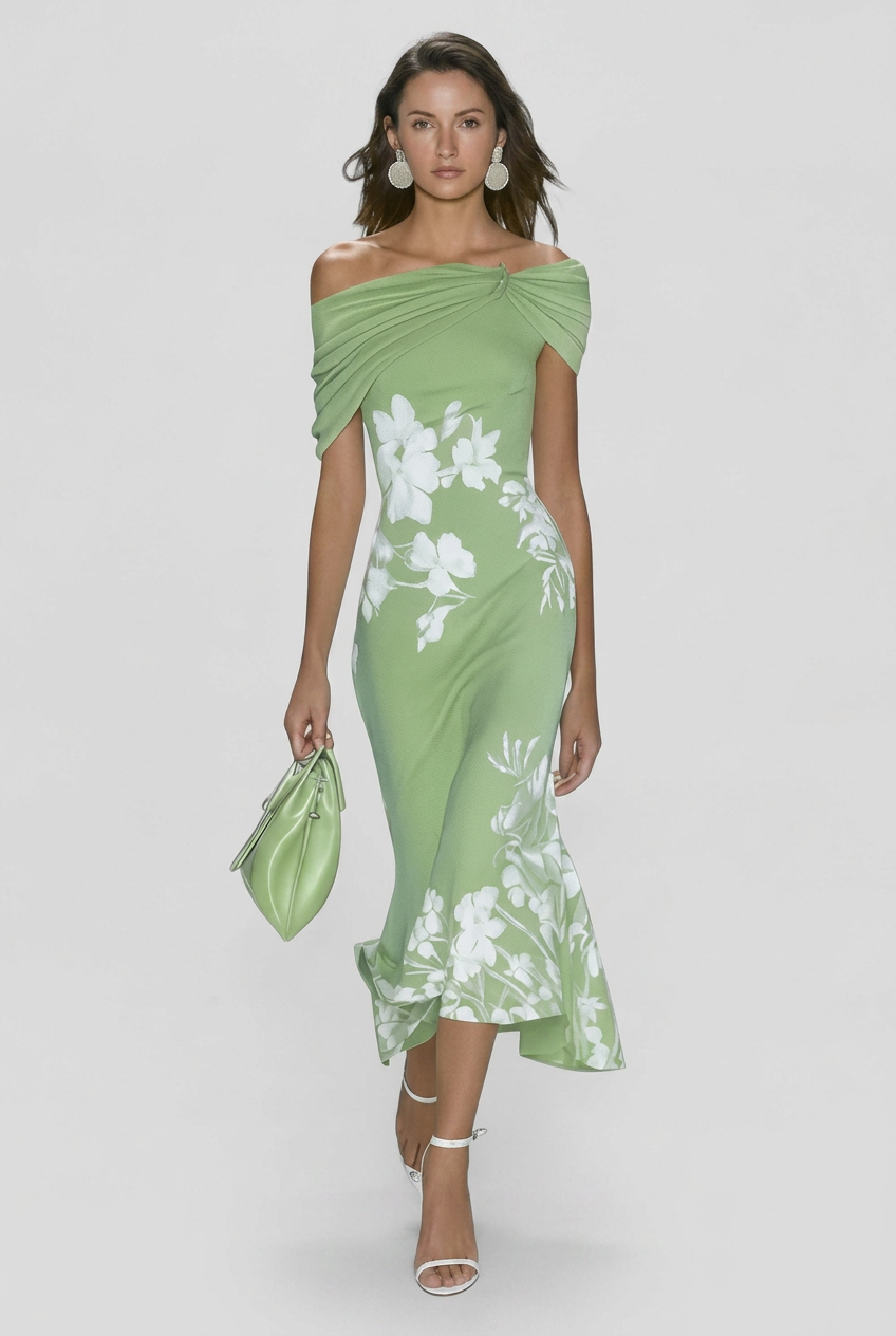 Women's Off-Shoulder Floral Print Bodycon Dress | Midi - 10