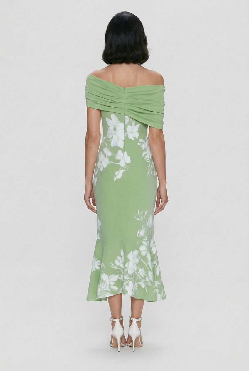 Women's Off-Shoulder Floral Print Bodycon Dress | Midi - 11