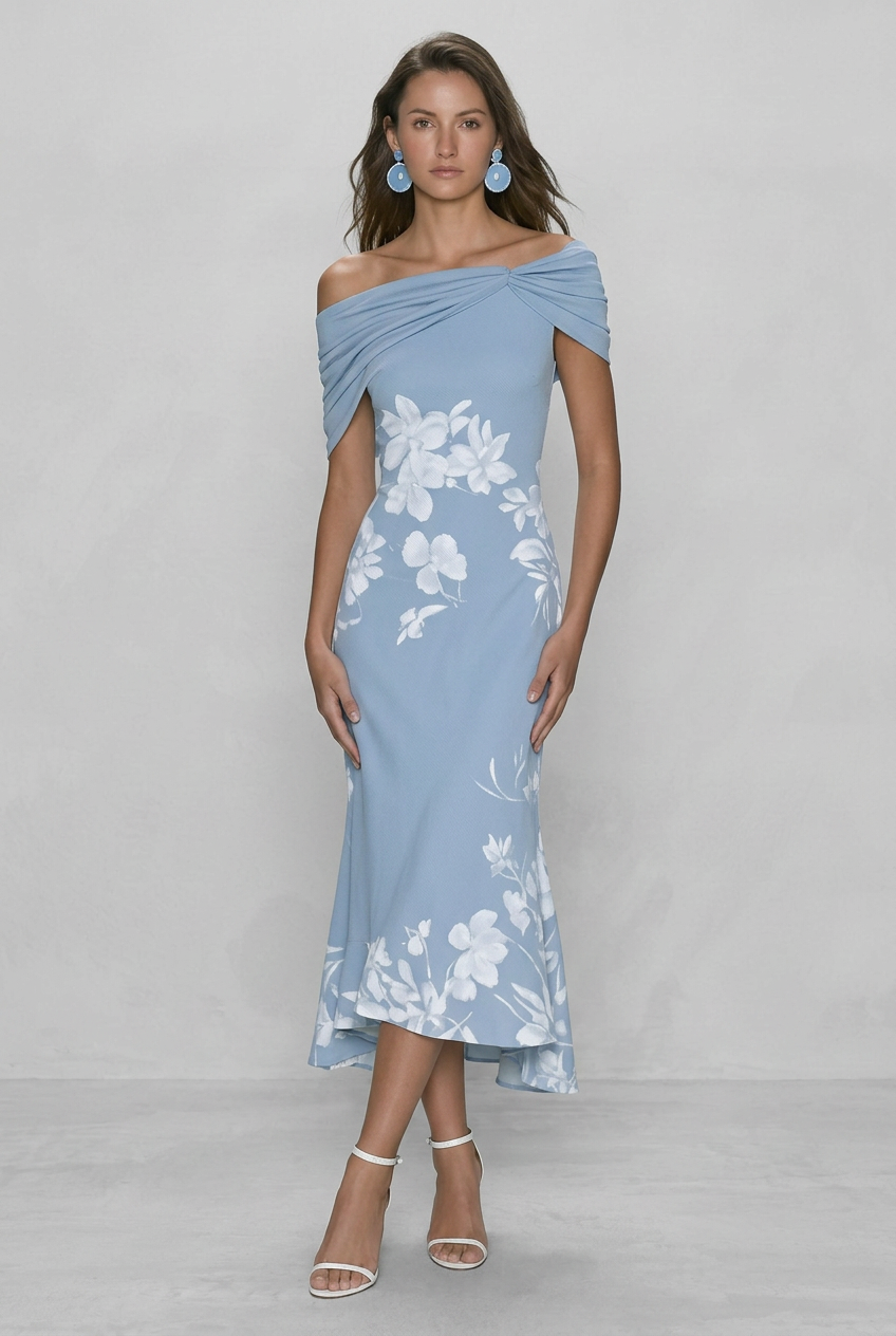 Women's Off-Shoulder Floral Print Bodycon Dress | Midi - 14