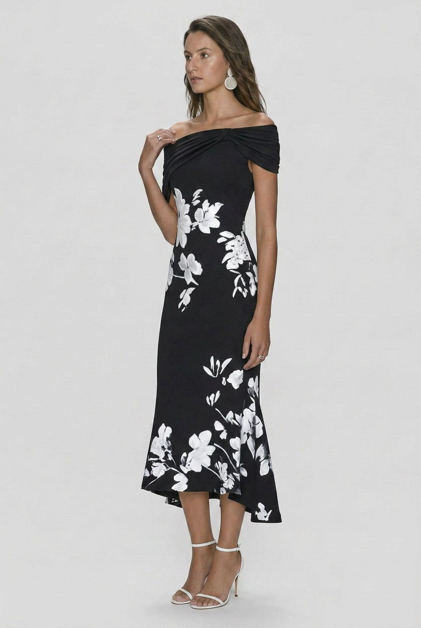 Women's Off-Shoulder Floral Print Bodycon Dress | Midi - 15
