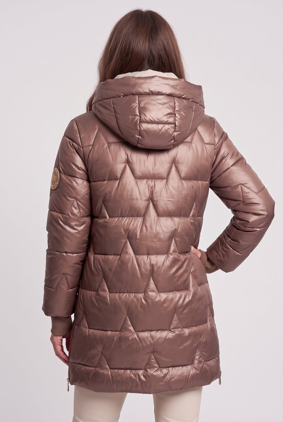 Women's Puffer Coat | Hooded Longline - Brown back