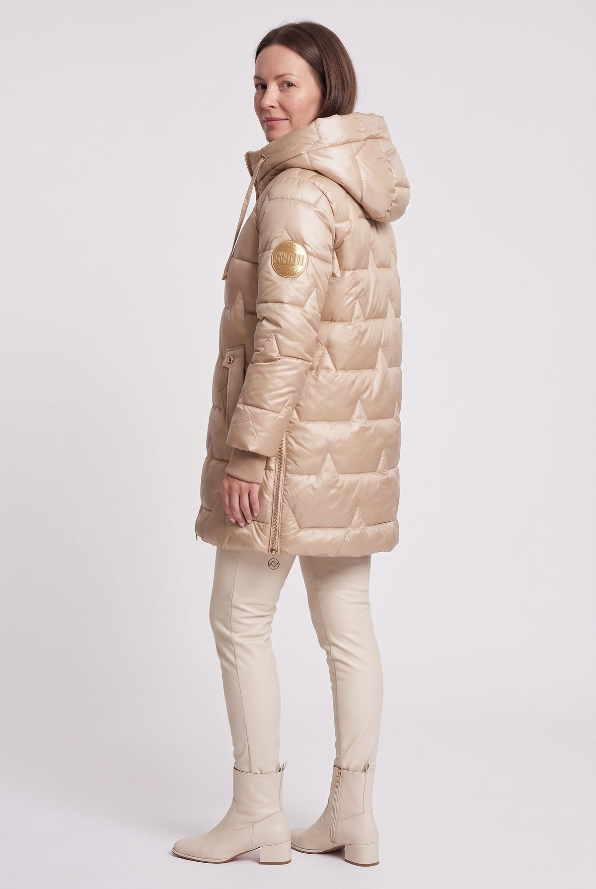 Women's Puffer Coat | Hooded Longline - Champagne