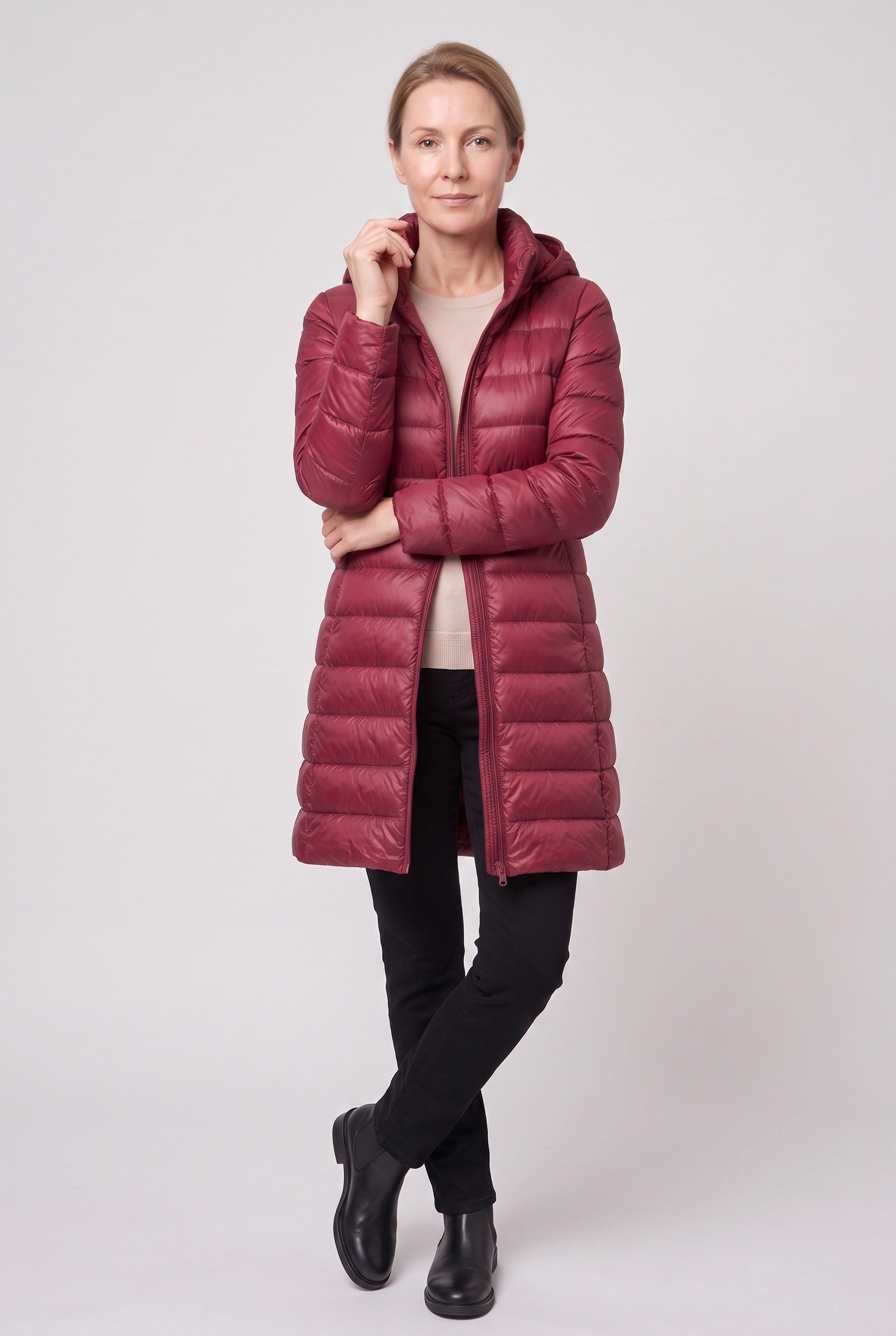 Women's Puffer Jacket | Hooded Longline - Burgundy Red