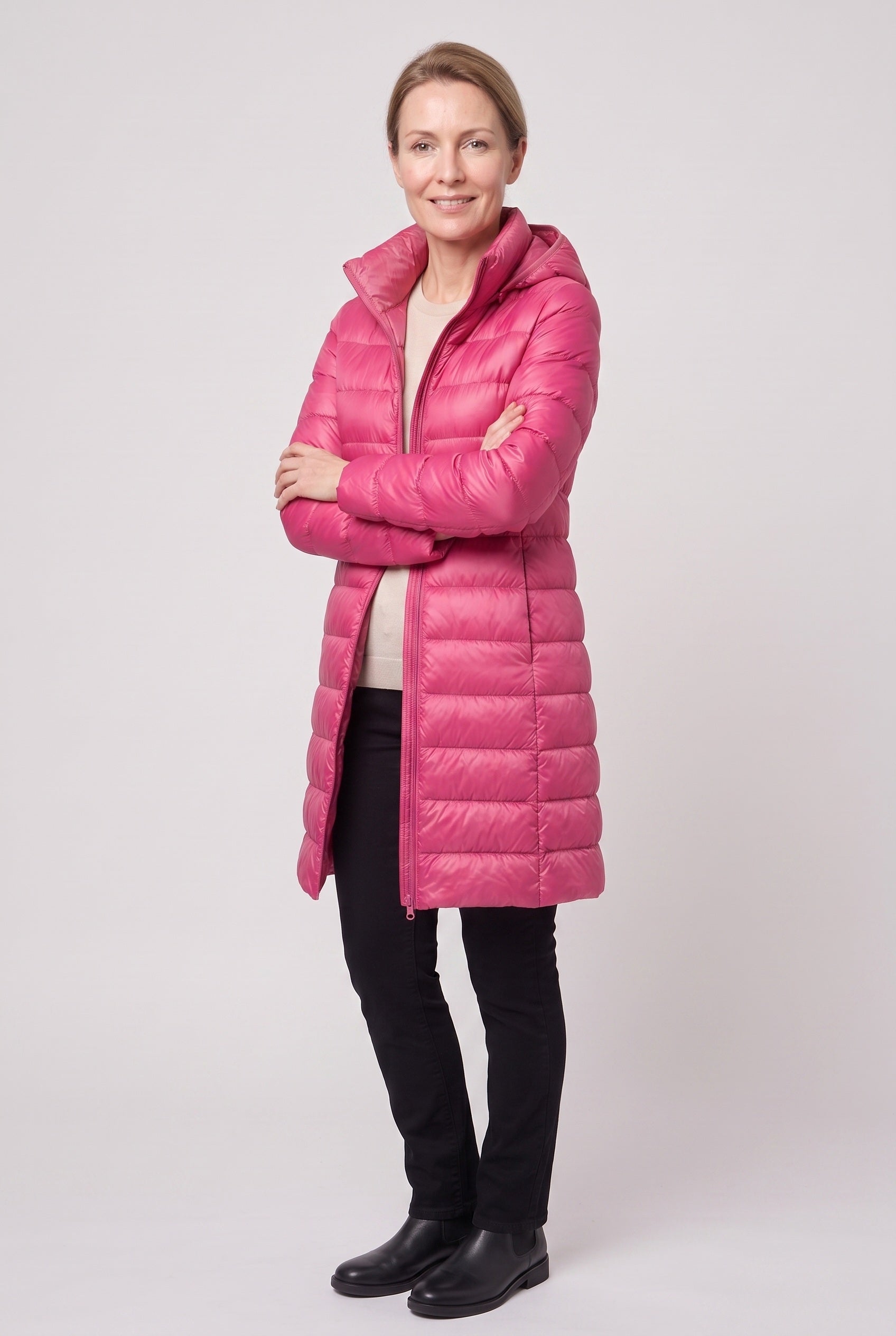 Women's Puffer Jacket | Hooded Longline - Fuchsia