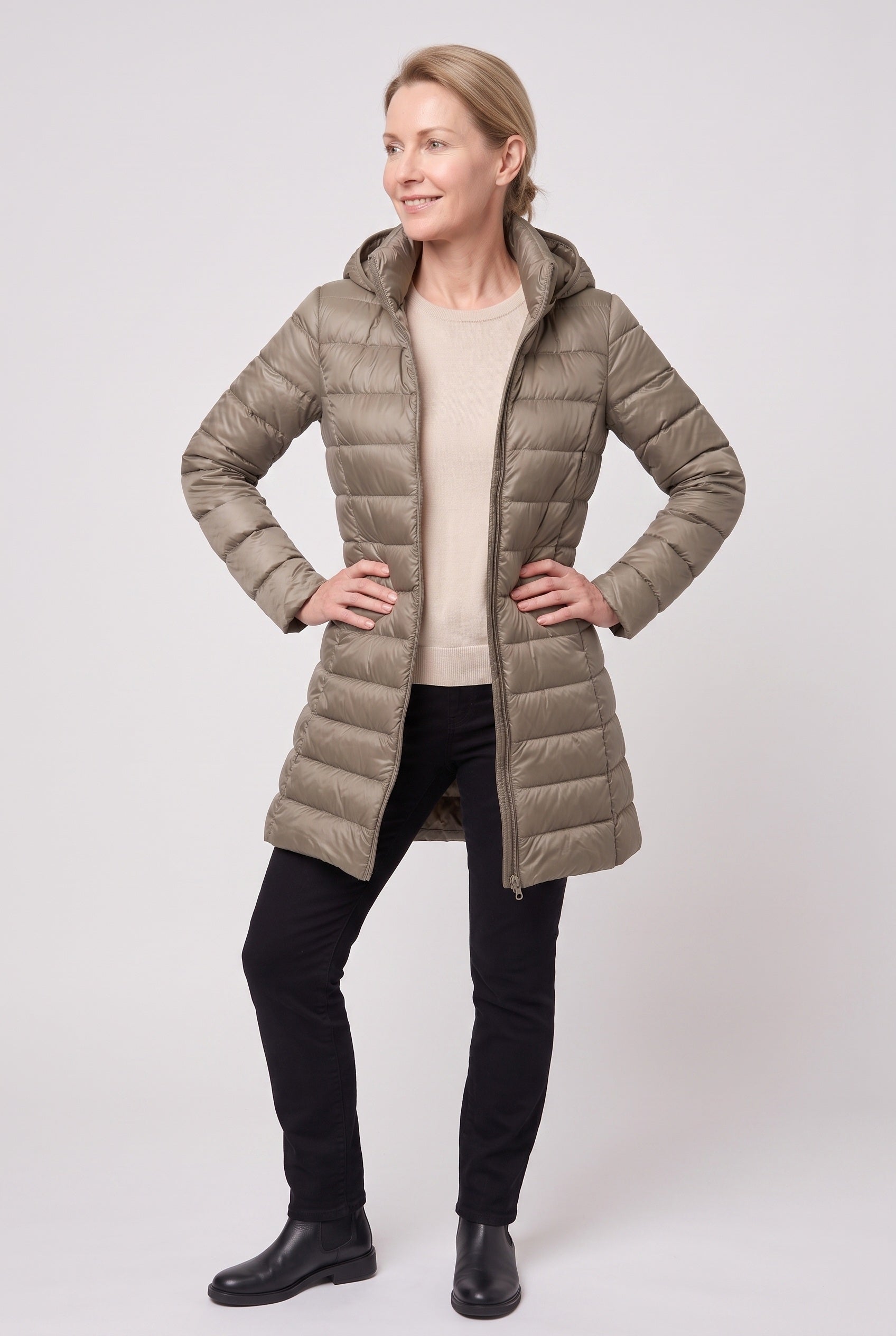 Women's Puffer Jacket | Hooded Longline - Khaki