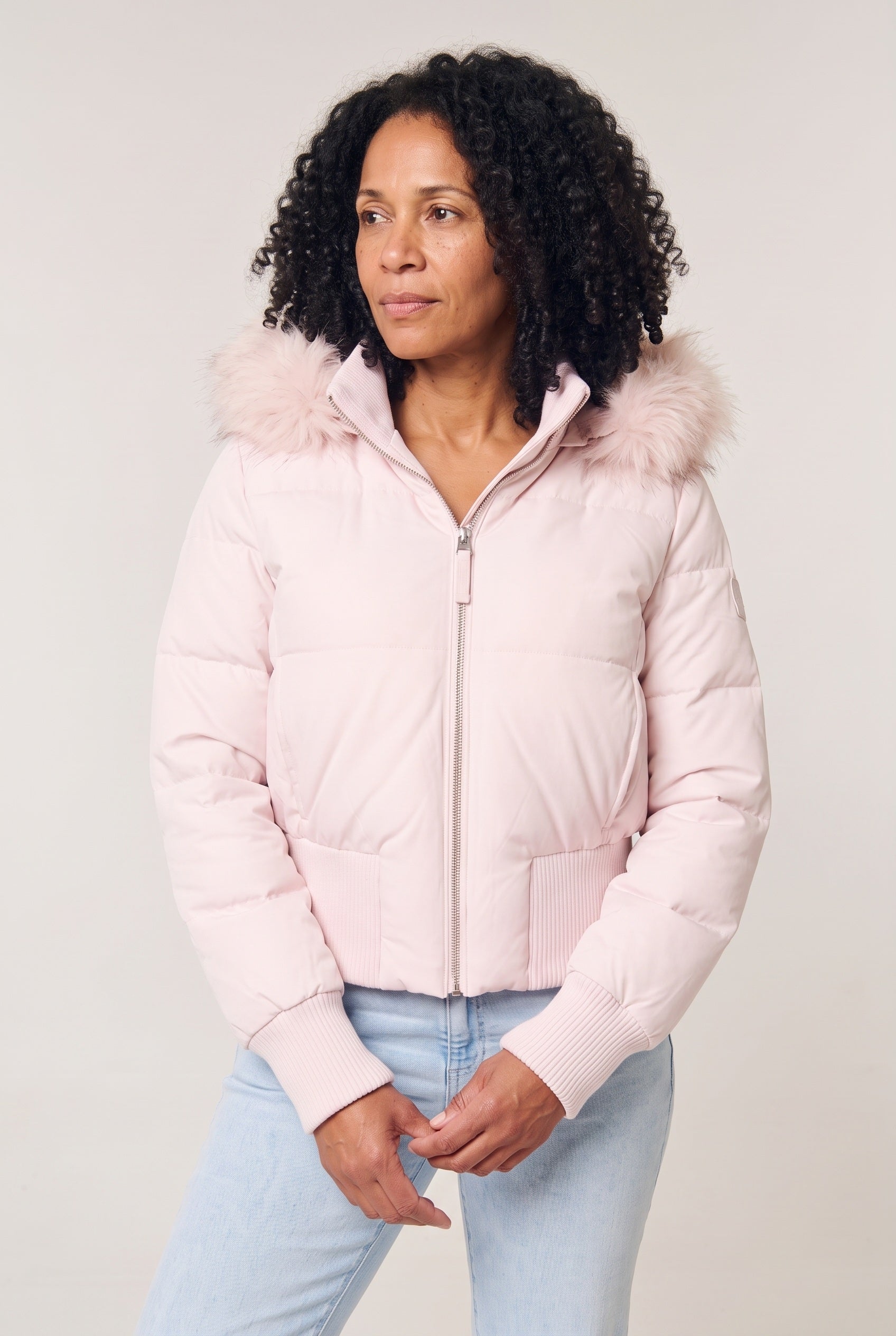 Women's Puffer Jacket | Cropped Removable Hood - Pink