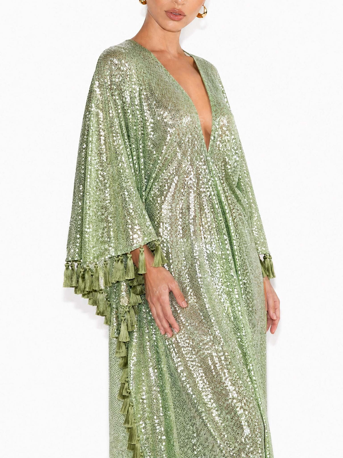 Women's Sequin Dress | Kaftan Tassel Deep V - 2