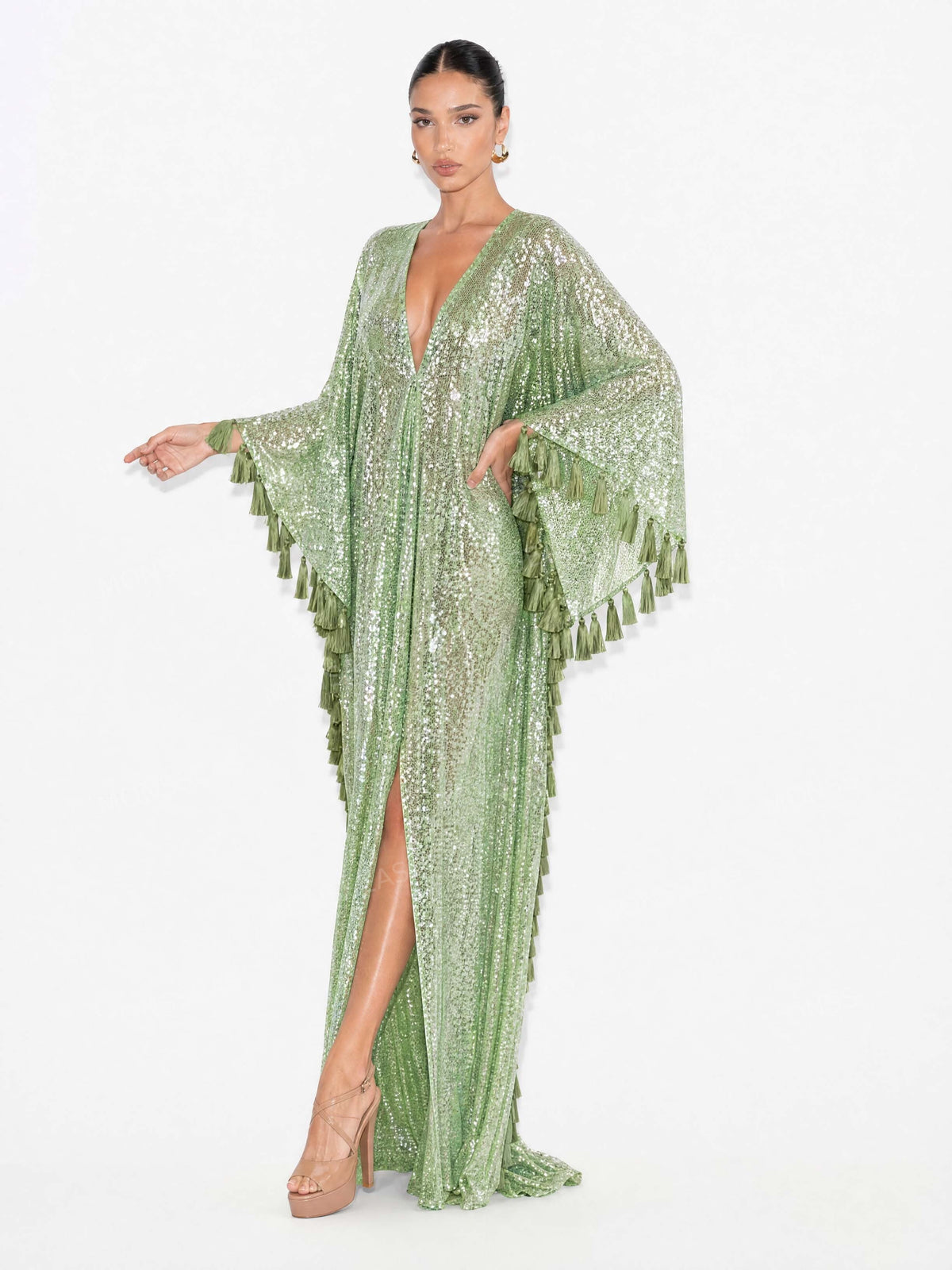Women's Sequin Dress | Kaftan Tassel Deep V - 3