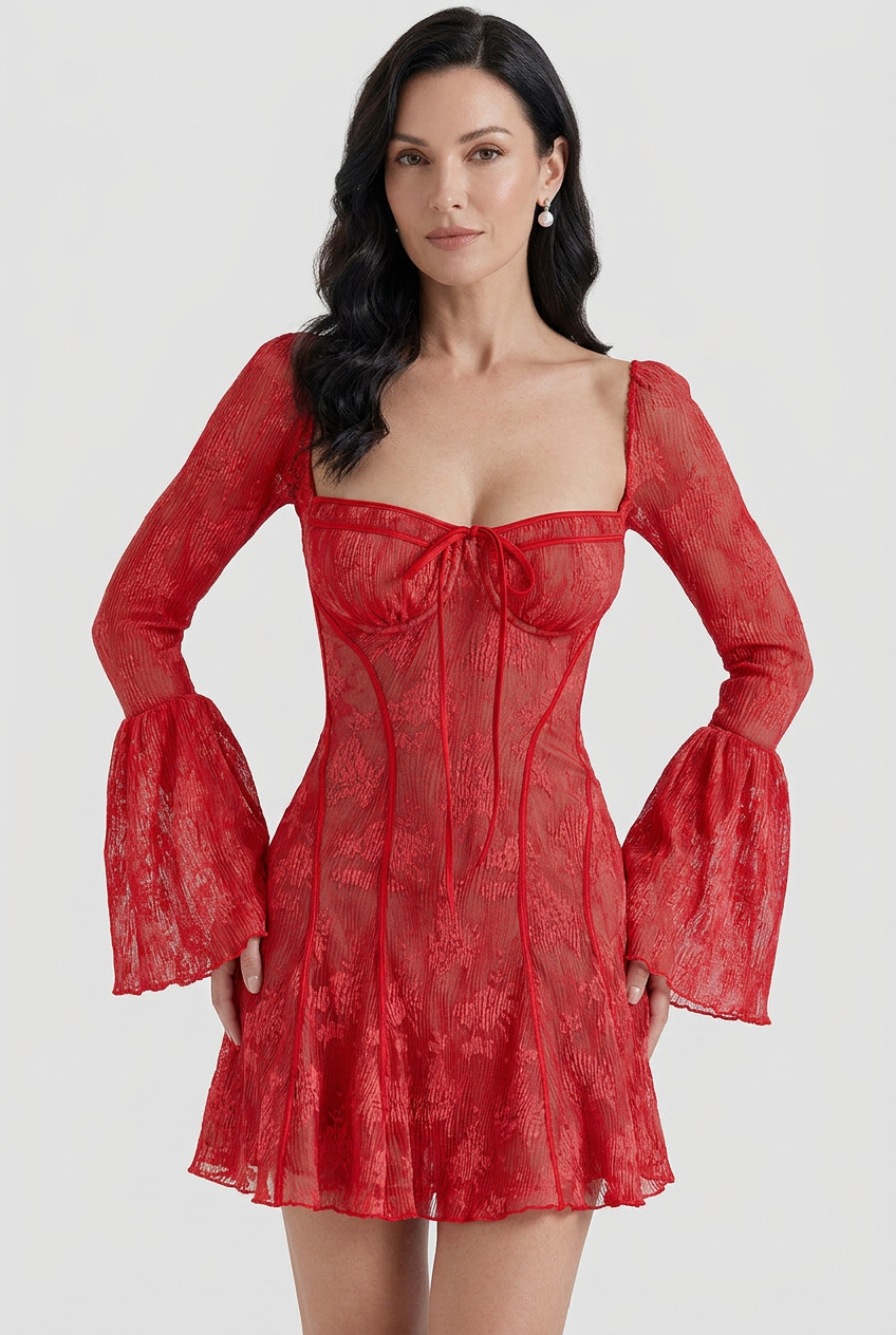 Women’s Square Neck Flared Sleeves Party Dress | Mini - 1