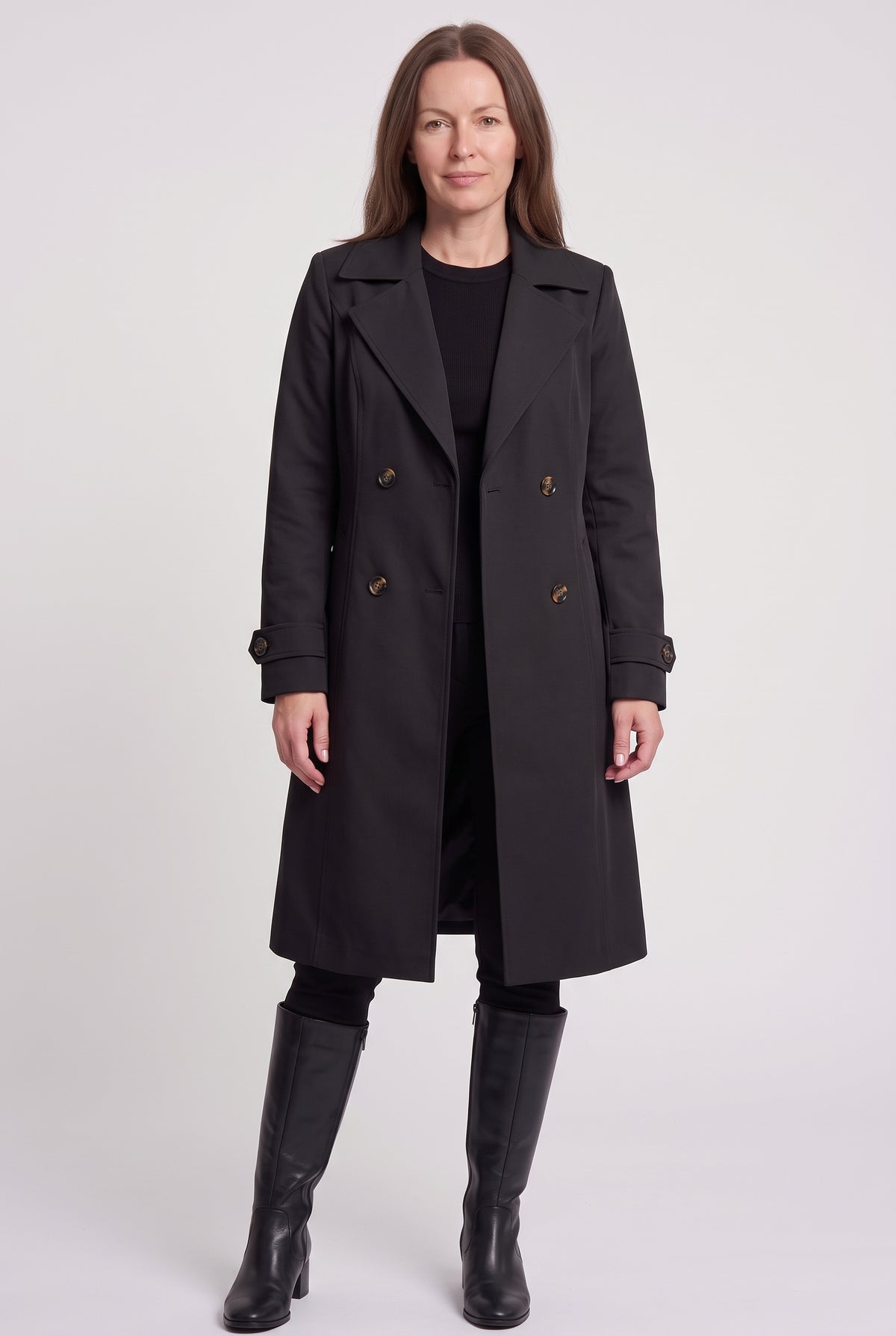 Women's Trench Coat | Double-Breasted Longline - Black