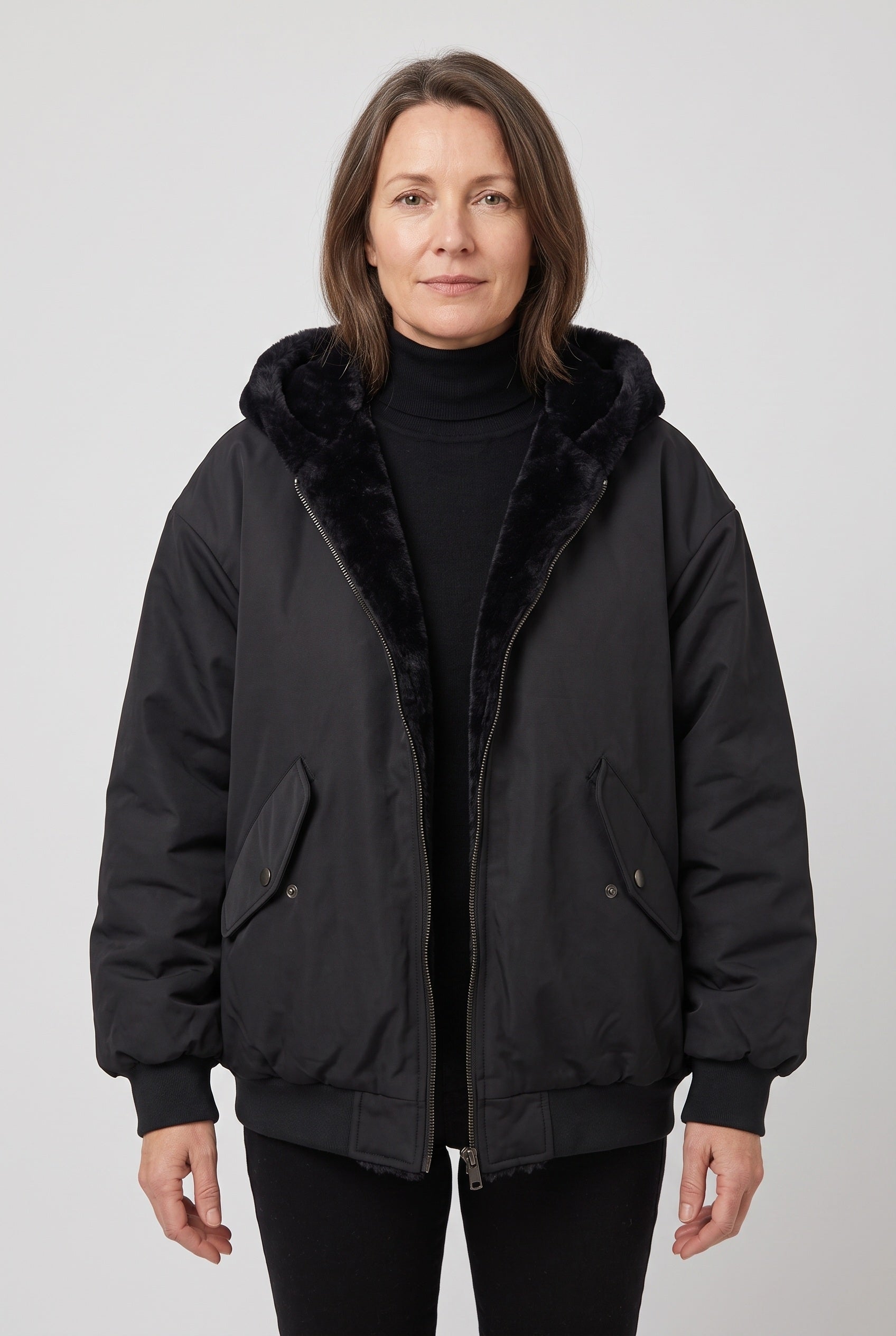 Women's Jacket | Hooded Faux Fur Trim - 1