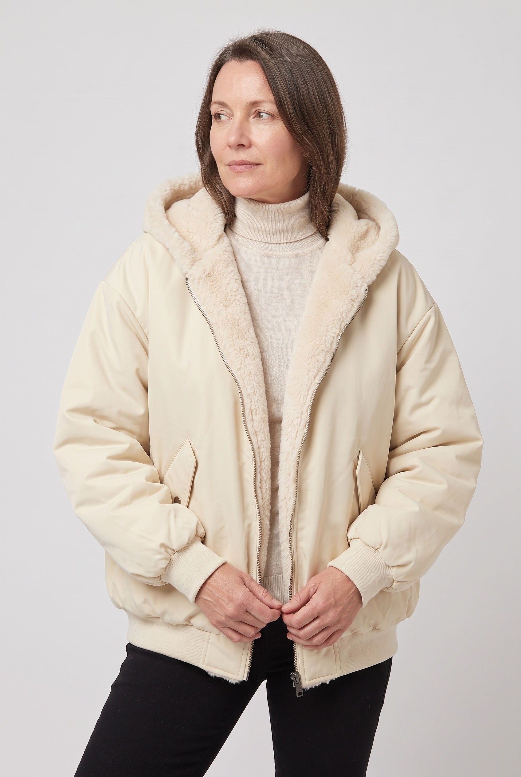 Women's Jacket | Hooded Faux Fur Trim - 6