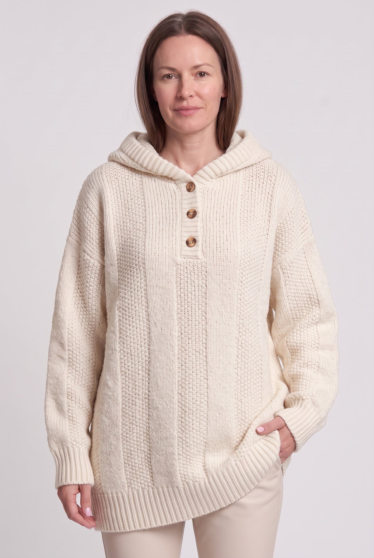 Women's Jumper | Hooded Knit Button Neck - Apricot