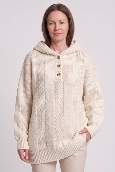 Women's Jumper | Hooded Knit Button Neck - Apricot