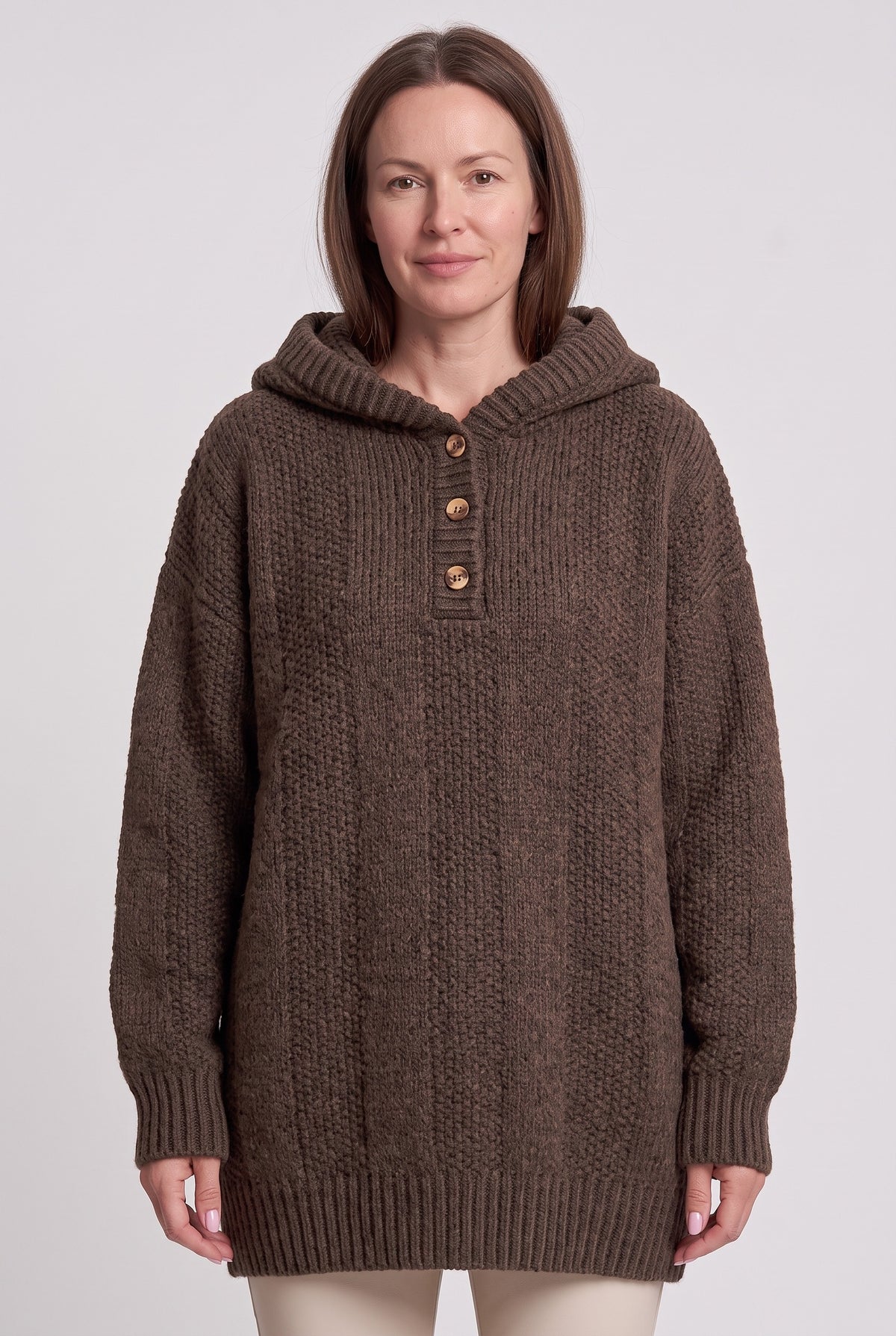 Women's Jumper | Hooded Knit Button Neck - Coffee