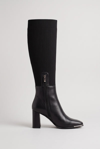 Women's Knee High Boots | Stretch Knit Block Heel - Black