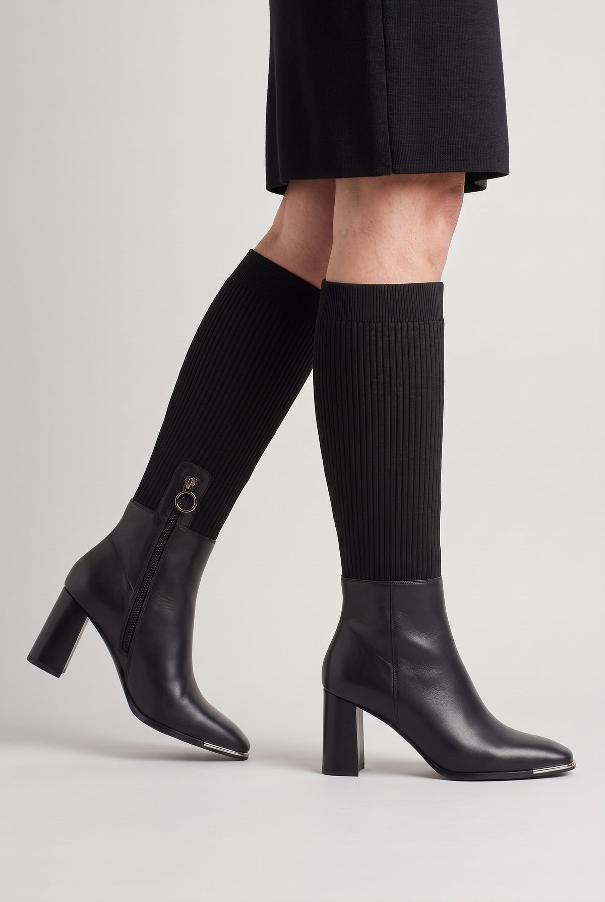 Women's Knee High Boots | Stretch Knit Block Heel - Black worn