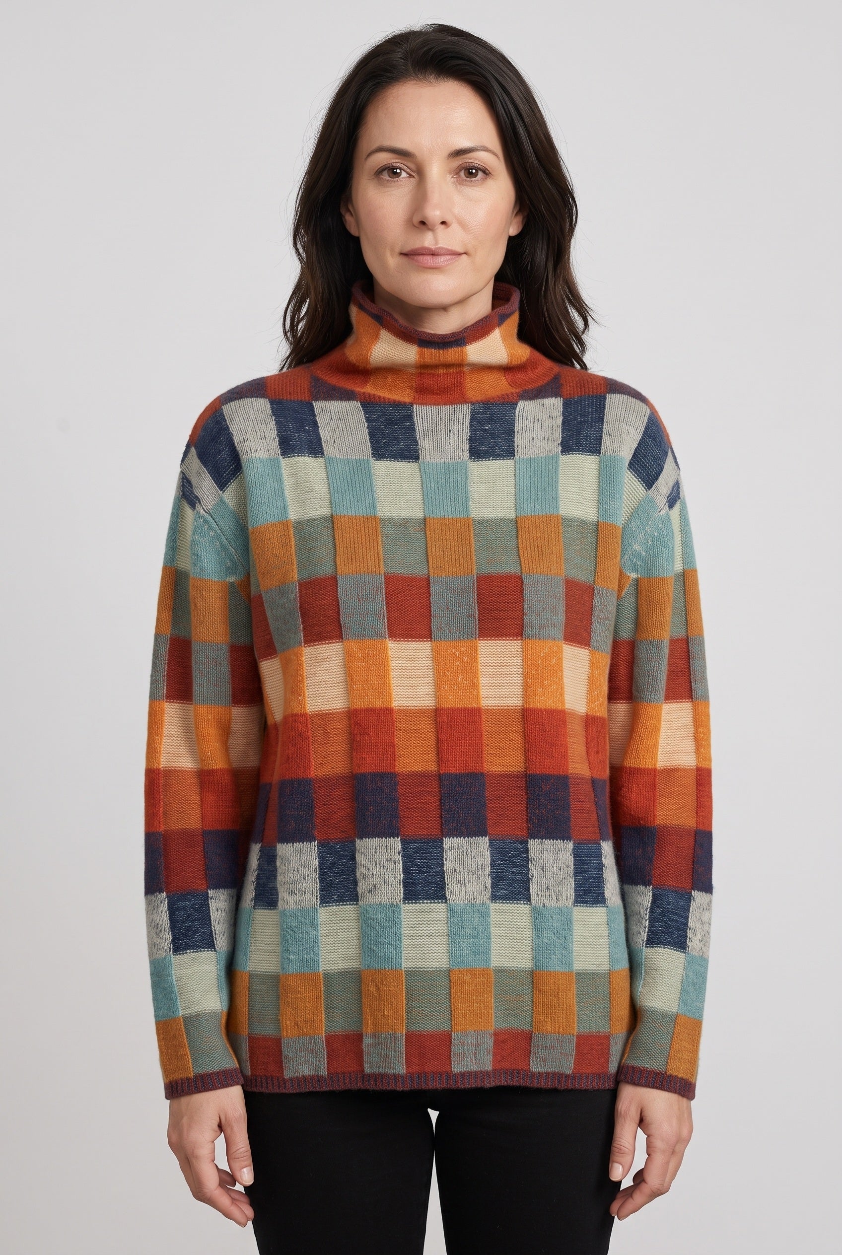 Women's Knitted Jumper | Roll Neck Multicolour Check