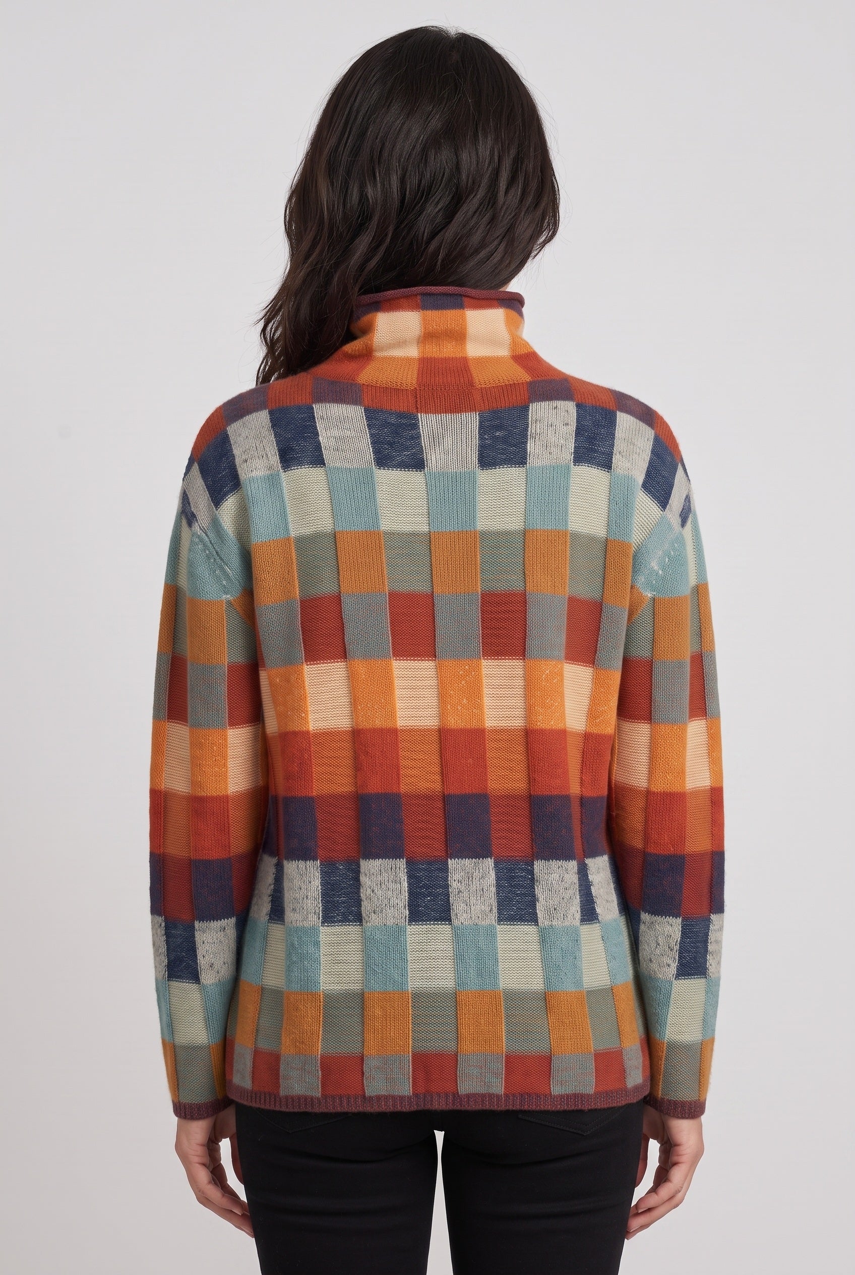 Women's Knitted Jumper | Roll Neck Multicolour Check - back