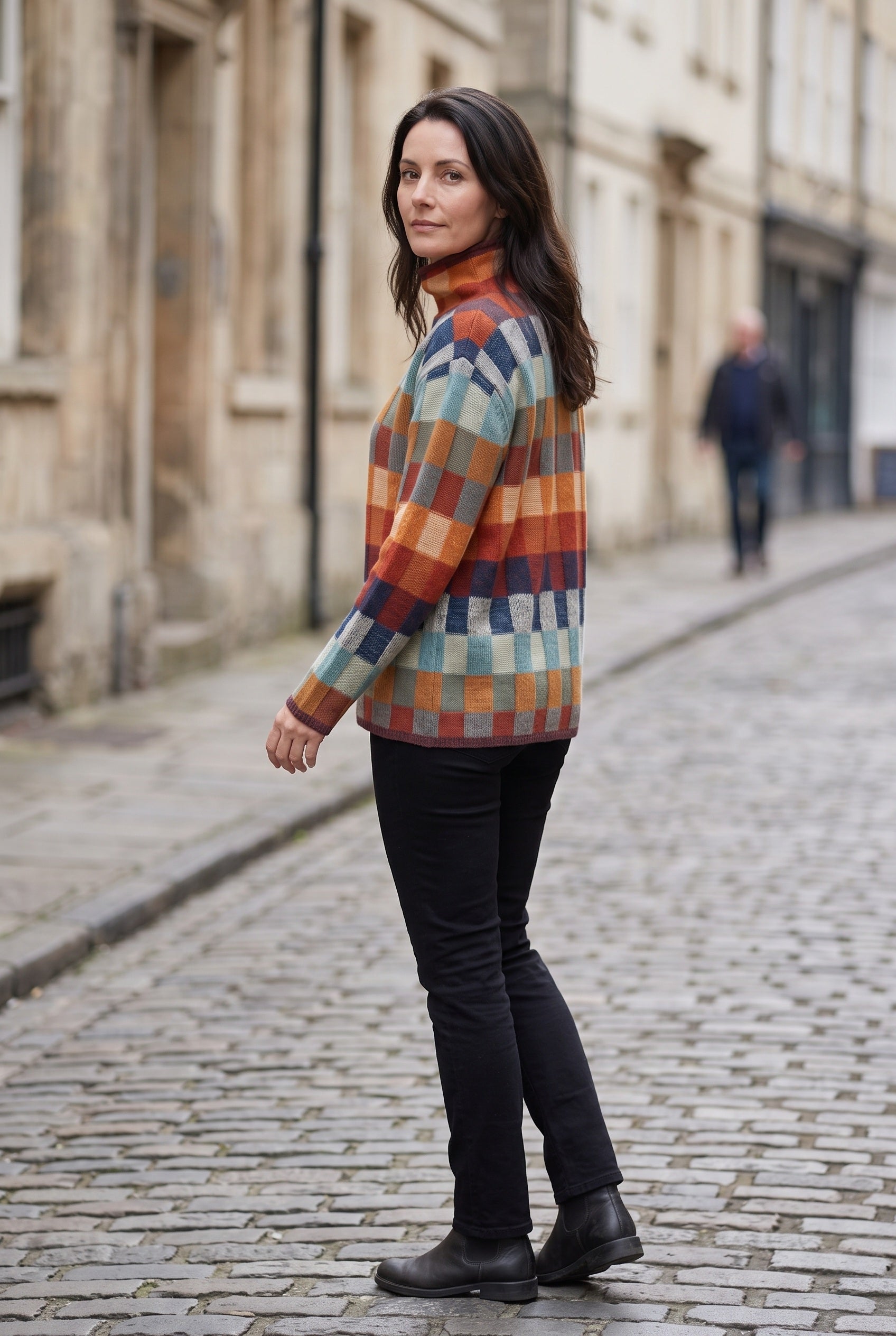Women's Knitted Jumper | Roll Neck Multicolour Check - lifestyle