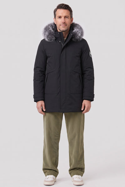 Men's Coat | Faux Fur Hood Parka - Black