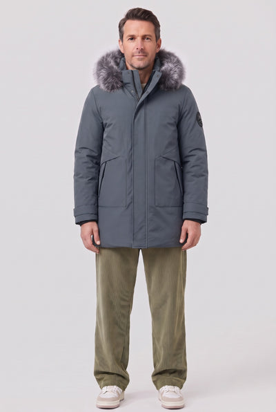 Men's Coat | Faux Fur Hood Parka - Grey